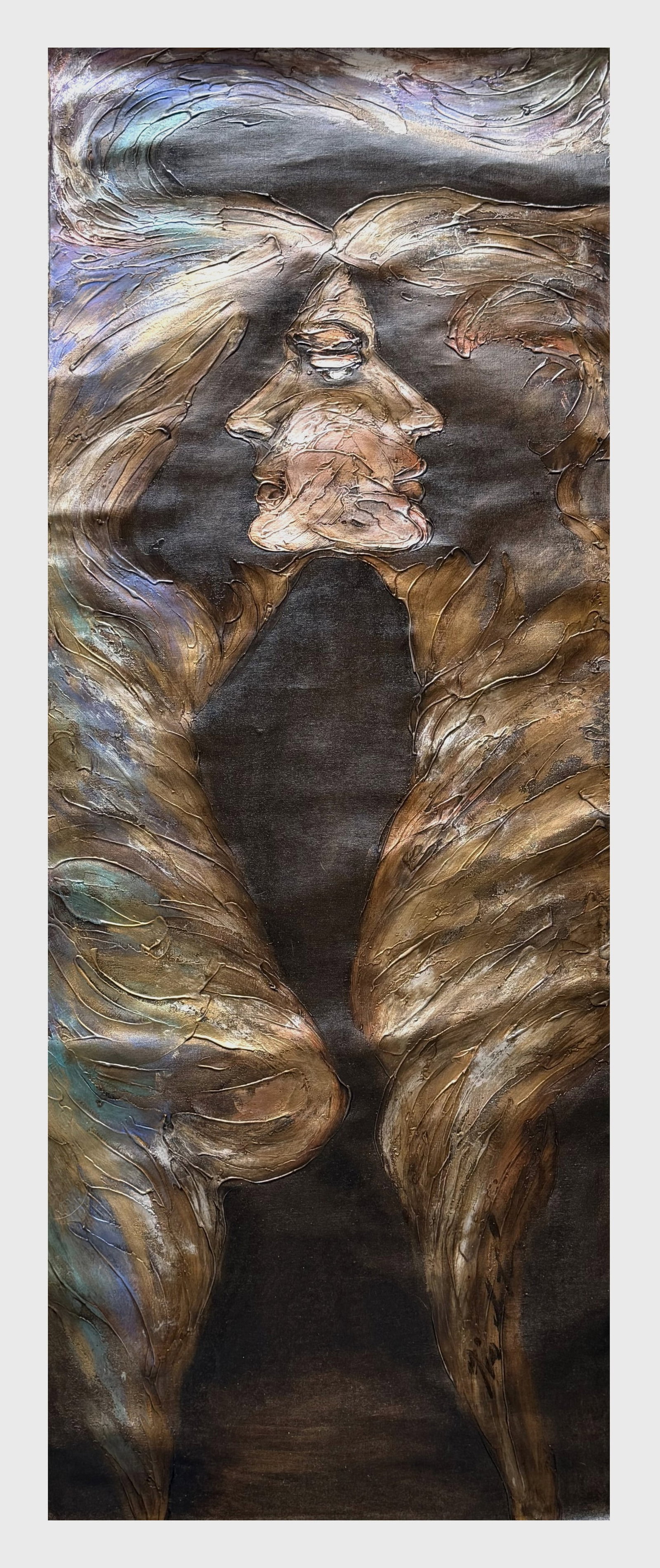 Vintage Cuban Abstract Textured Painting – Dual Faces / Surreal Figures – Mixed Media on Canvas: Striking vintage abstract painting featuring two stylized, mirrored faces merging into a single surreal composition. The piece uses heavy impasto texture and layered metallic tones—bronze, gold, cop