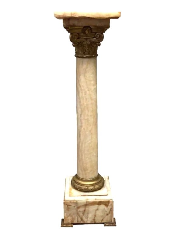 Antique French Neoclassical Bronze Mounted Marble Pedestal: Antique French Neoclassical Bronze Mounted Marble Pedestal Measure 46 1/2"in H x 13 3/4"in W x 13 3/4"in W Top Support 13"in W x 13"in D
