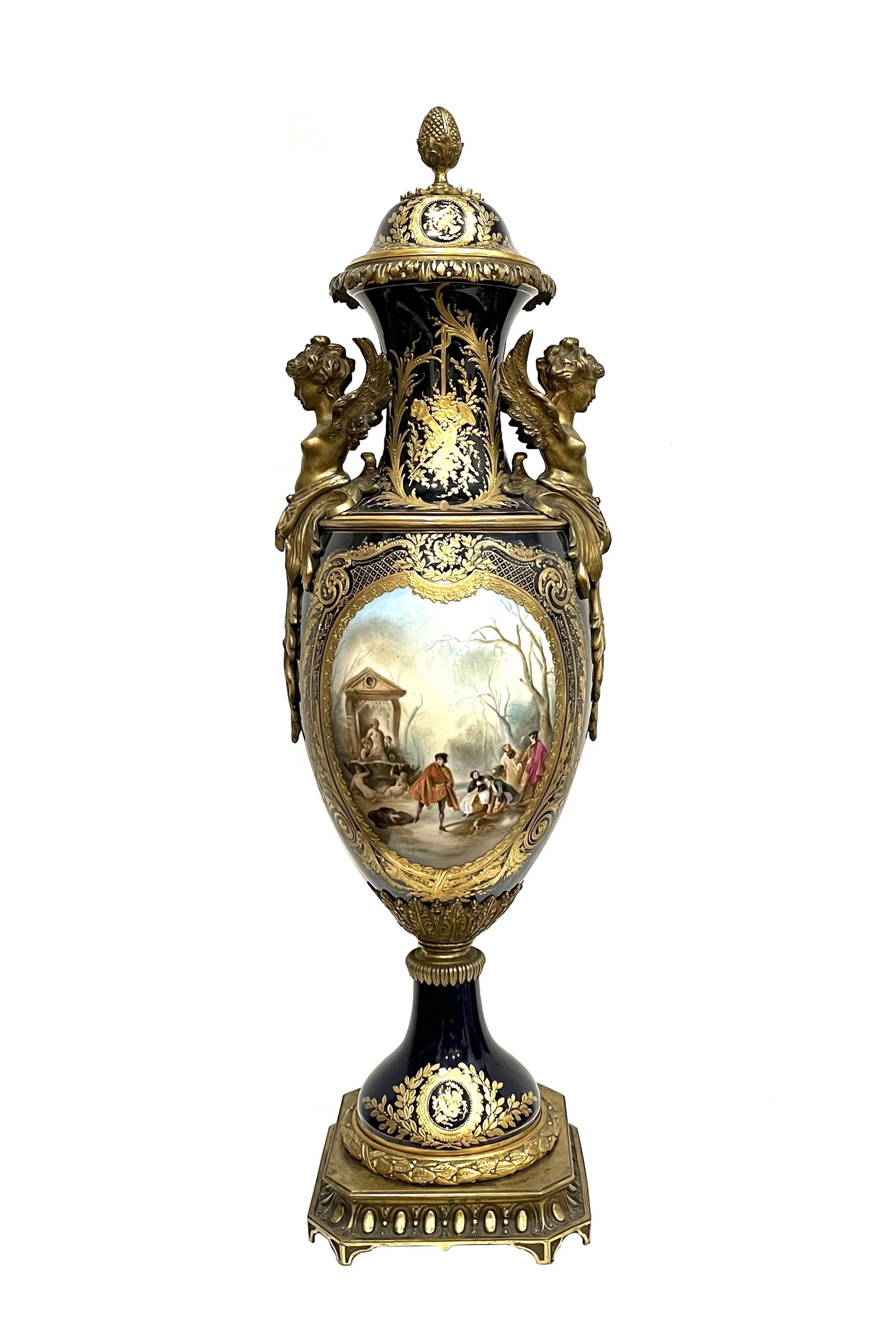Antique French Sevres Gilt Bronze Mounted Porcelain Covered Vase: Antique French Sevres Gilt Bronze Mounted Porcelain Covered Vase Measure 31 1/2"in H x 9"in W x 8 1/4"in D