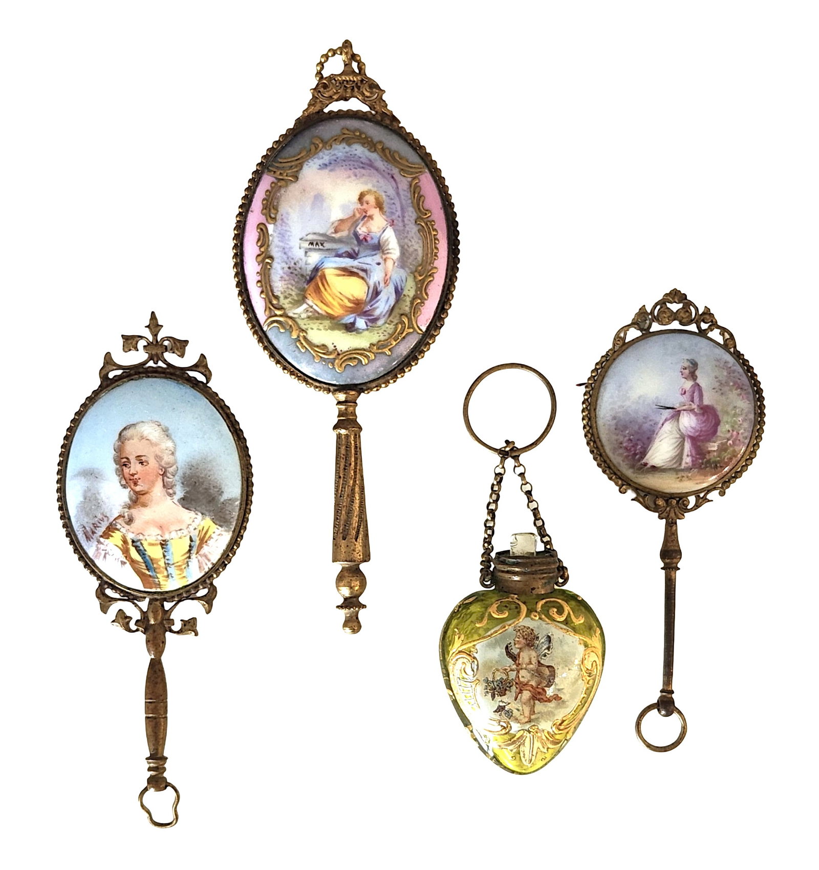 Set of 4 Antique Hand-Painted French Enamel Magnifiers & Perfume Scent Bottle: Charming collection of four antique French accessories, including three gilt metal magnifying glasses and one enamel scent bottle, all adorned with hand-painted portrait miniatures and romantic motifs