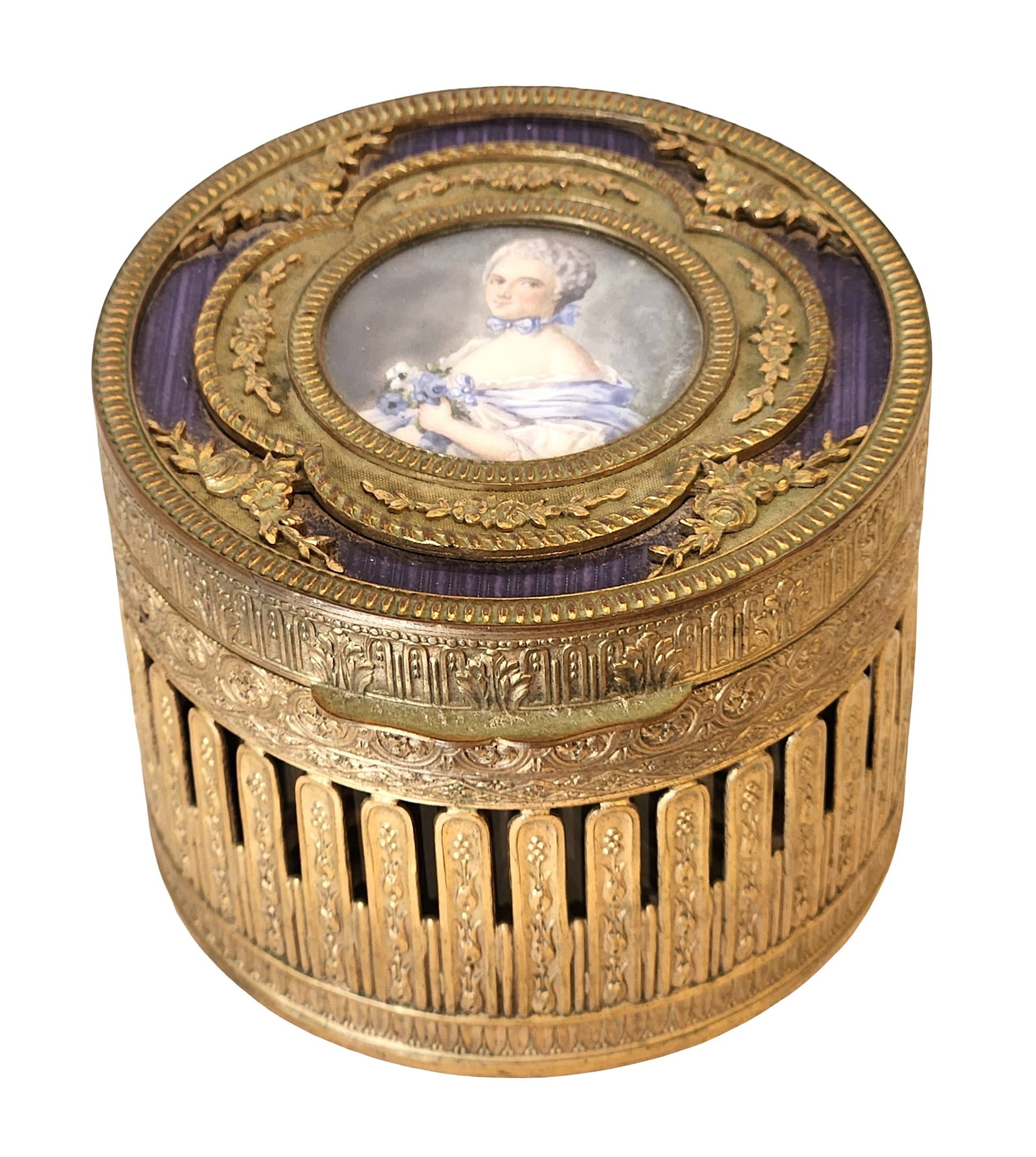 Antique French Gilt Bronze Box with Miniature Portrait ? Marked France: Exquisite 19th-century French gilt bronze box featuring a finely hand-painted miniature portrait of a lady in 18th-century dress, holding a bouquet of violets and adorned with a blue ribbon in her hai