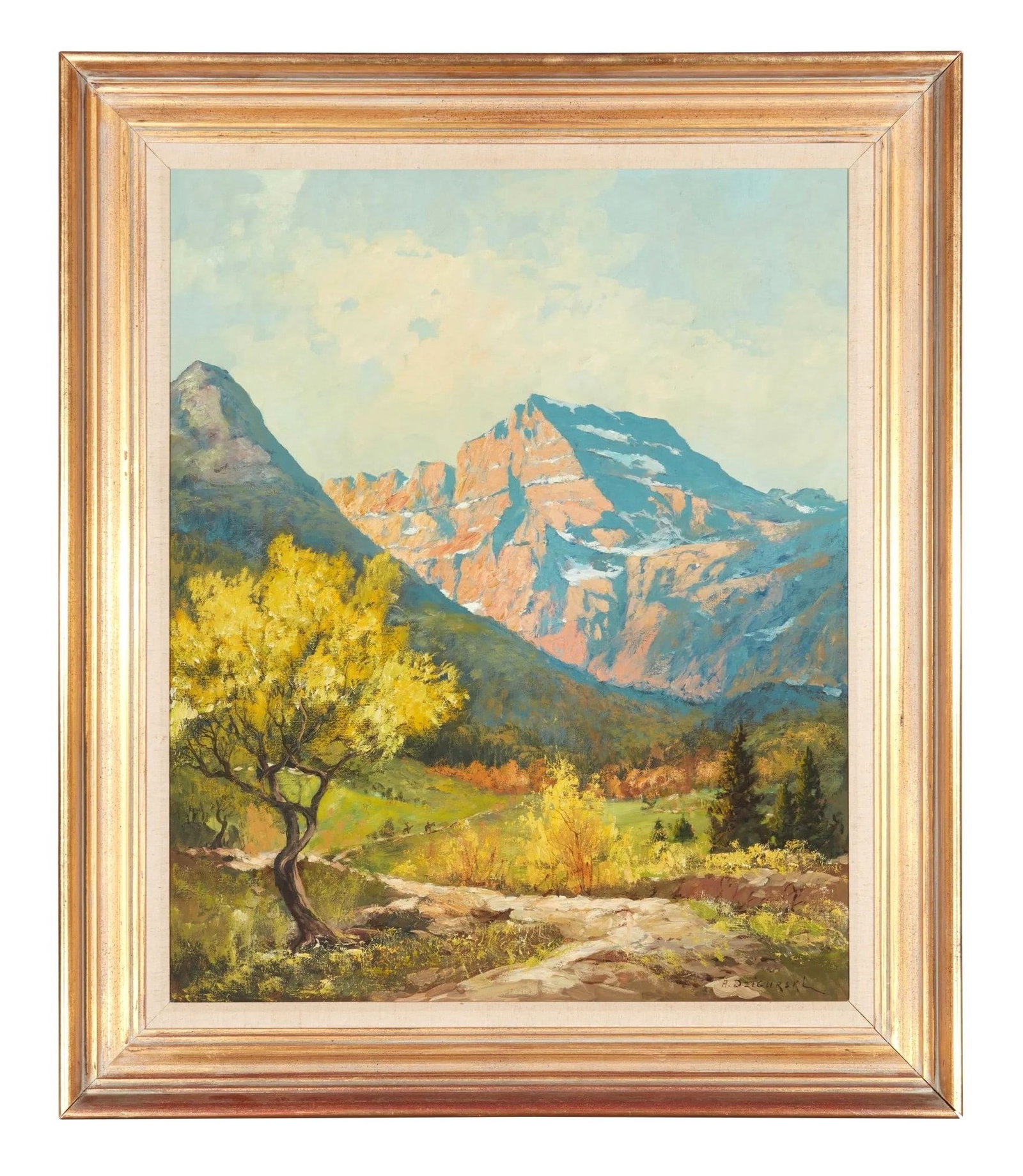Alexander A. Dzigurski (1911 - 1995) American: Alexander A. Dzigurski (1911 - 1995) American Title: Many Glacier, Montana Oil on Canvas Measure 30 1/2"in H x 26 1/4"in W and 37 1/4"in H x 32 1/4"in W x 3 1/2"in D with frame Known for: Seascape, so