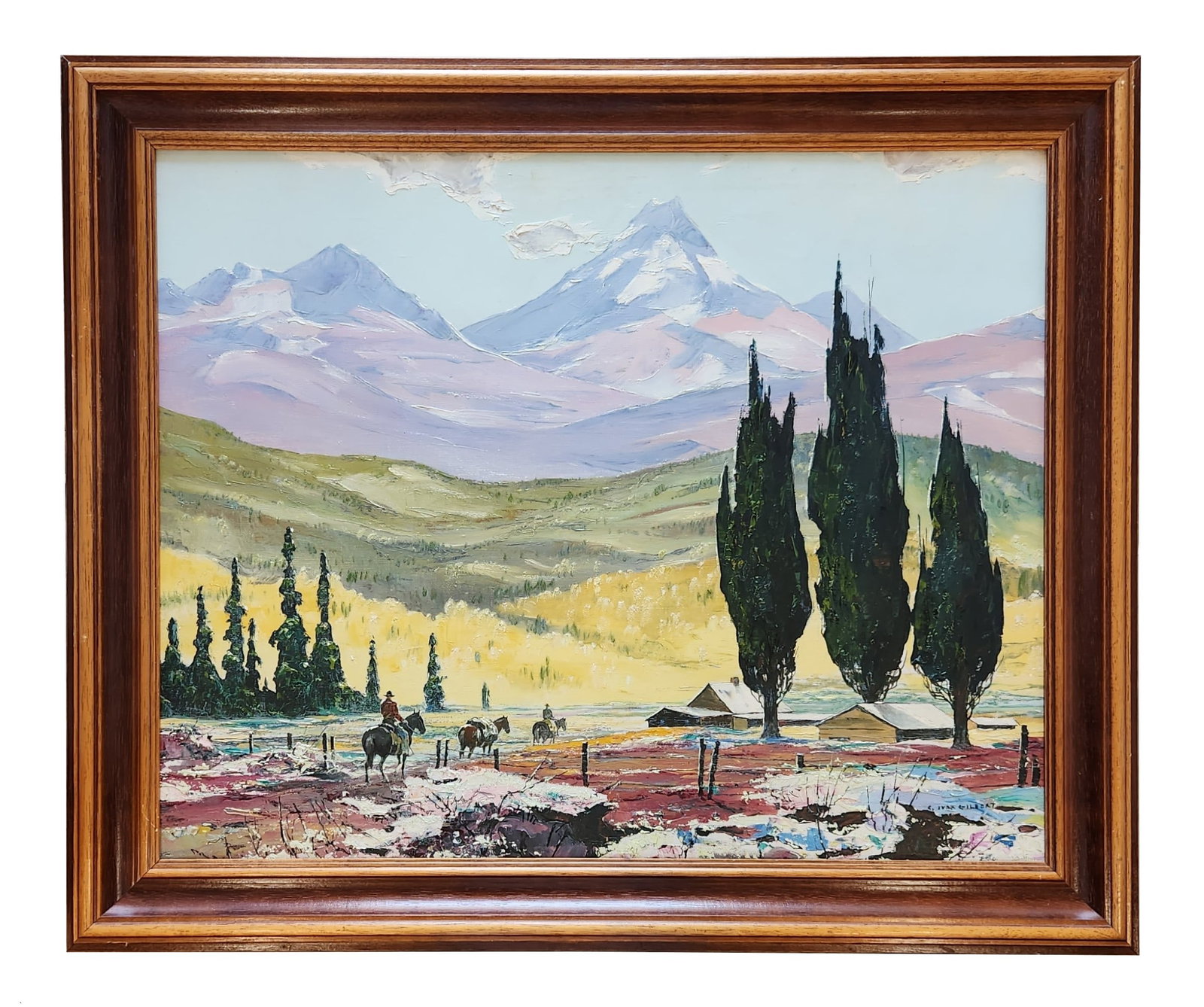 Carl Ivar Gilbert (1882 - 1959) American: Carl Ivar Gilbert (1882 - 1959) American Title: Near the Ranch Oil on Canvas Measure 25"in H x 31"in W and 30 3/4"in H x 37"in W x 2"in D Biography: Was active/lived in New York, New Hampshire. Carl G
