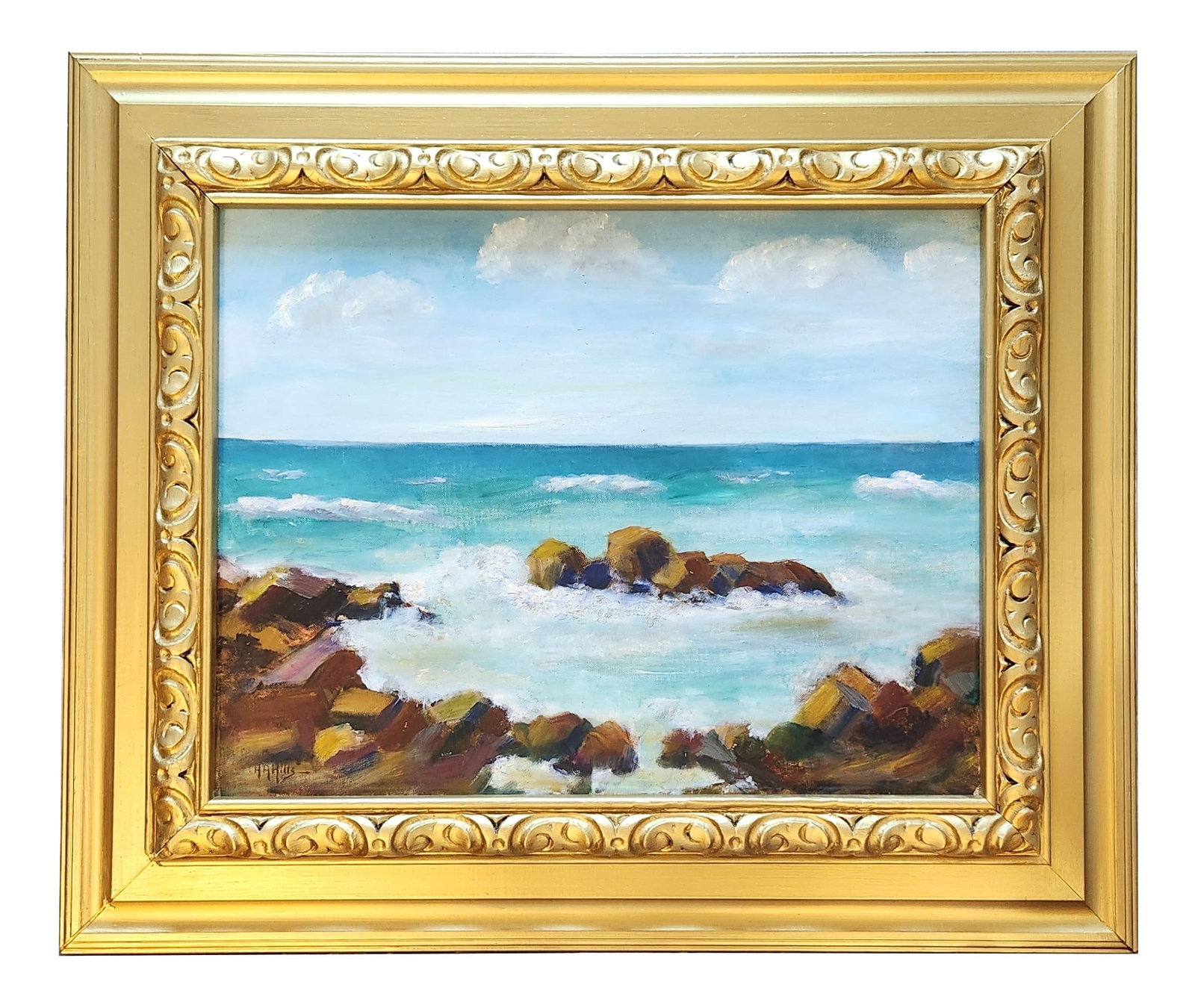 Anna Althea Hills (1882 - 1930) American: Anna Althea Hills (1882 - 1930) American Oil on Canvas on Cardboard Measure 15"in H x 19 1/2"in W and 23 1/2"in H x 27 3/4"in W framed Known for: Landscape, marine, genre and figure painting Biography