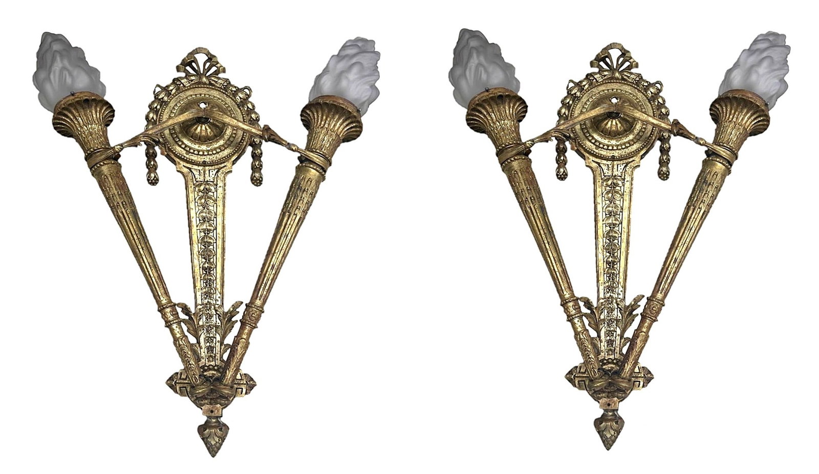 Pair of Antique Empire Style Gilt Bronze Two-Light Wall Sconces with Flame Shades (1 of 4)