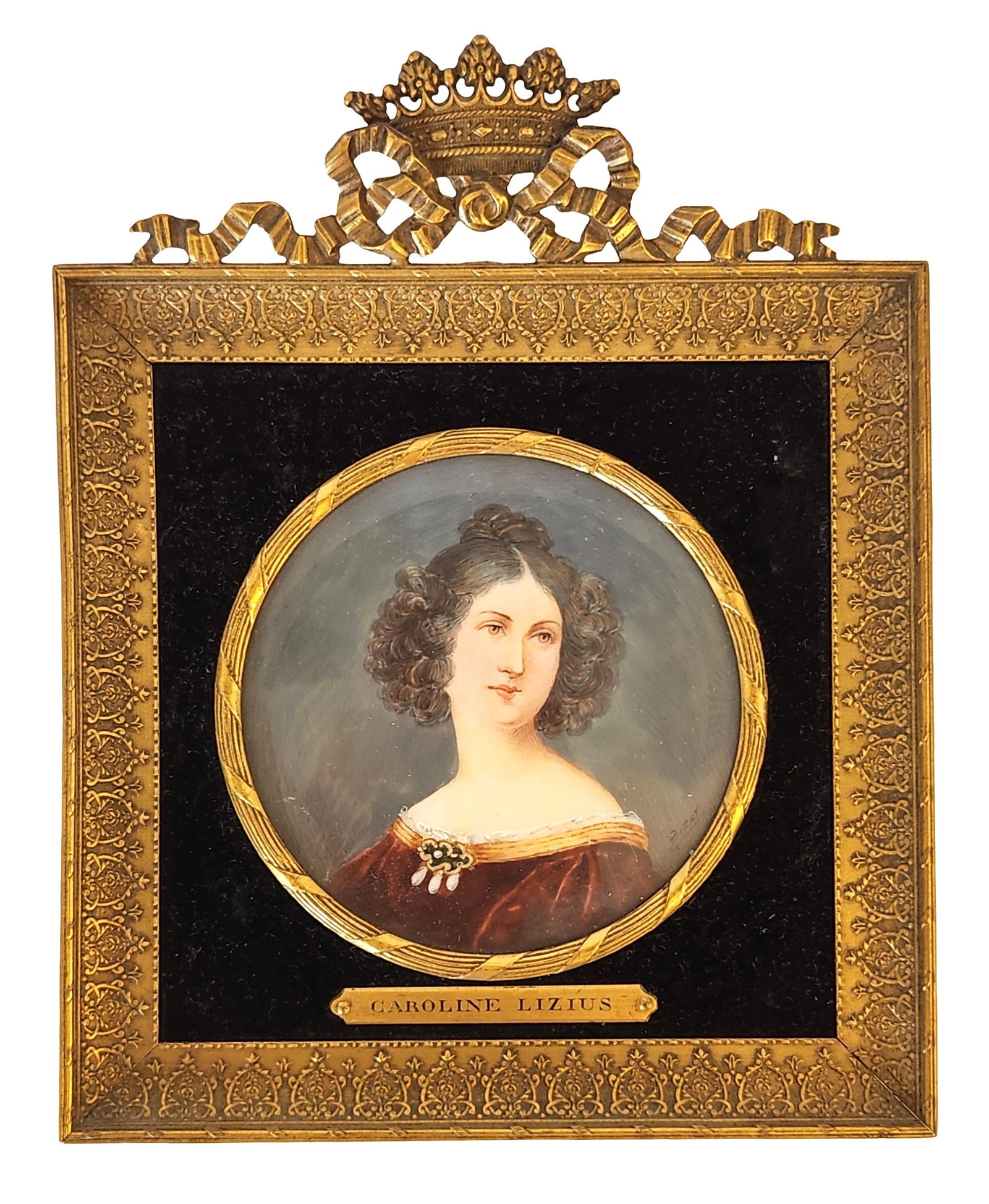 19th Century Hand-Painted Porcelain Portrait Plaque of Caroline Lizius in Gilt Bronze Frame: A finely painted porcelain portrait plaque depicting Caroline Lizius, presented in a richly detailed gilt bronze (ormolu) frame. The portrait shows the sitter in elegant early 19th-century attire with
