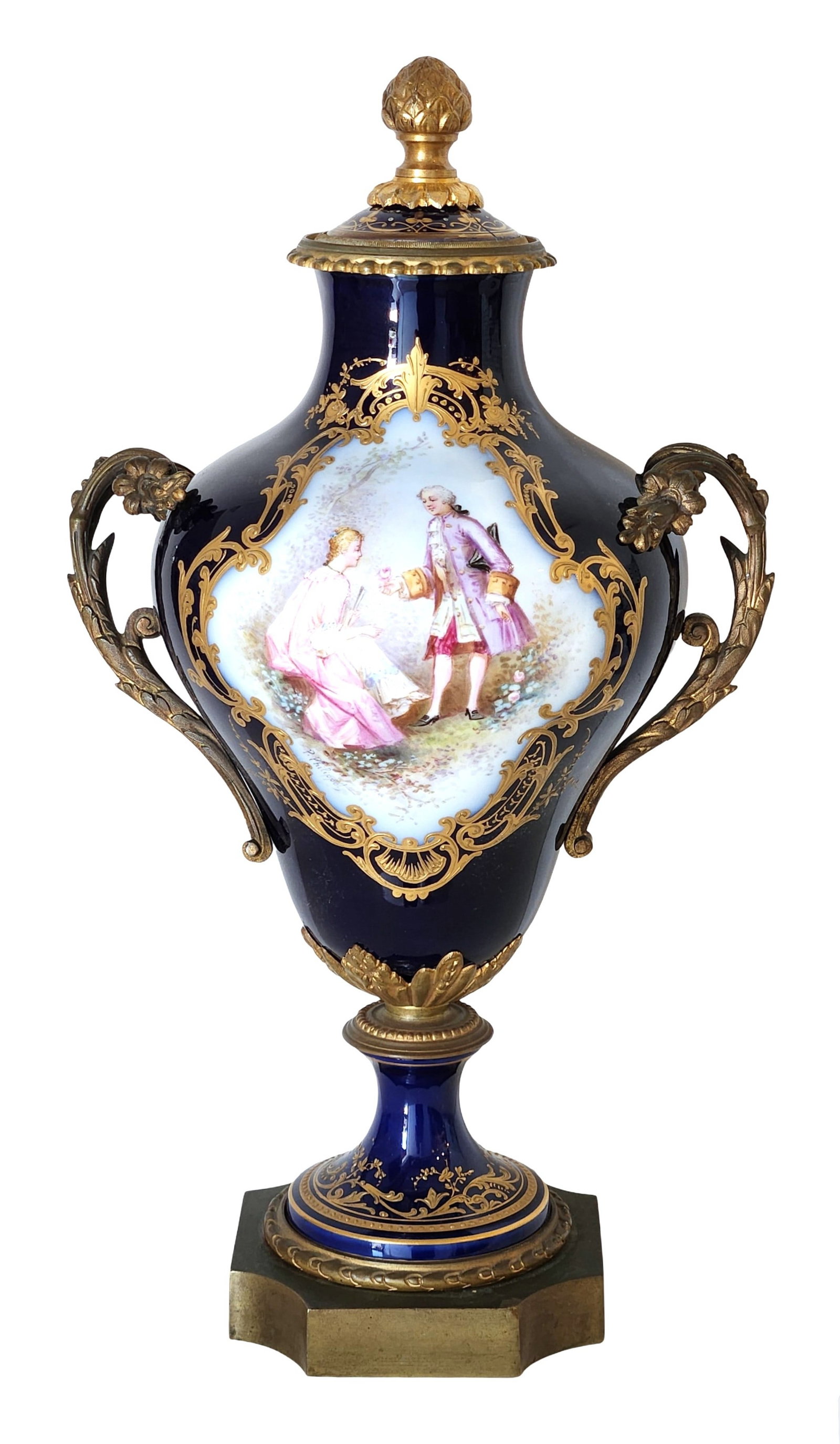 Antique French Sevres Style Covered Porcelain Urn ? Signed P. Philippot: Magnificent antique French Sevres-style porcelain urn with lid, featuring a richly hand-painted romantic scene signed P. Philippot, a known decorator associated with fine Sevres-style works. The cobal
