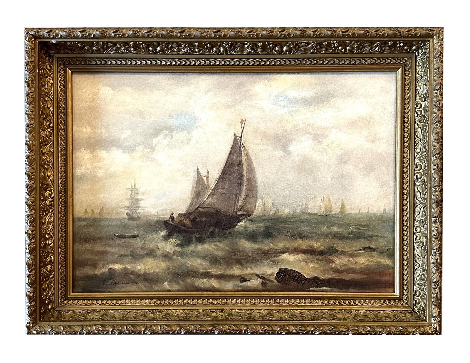 George Savary Wasson (1855 - 1932) American: George Savary Wasson (1855 - 1932) American Oil on Board Measure 14"in H x 20 1/2"in W and 17 3/4"in H x 24 1/4"in W x 2 1/2"in D with frame Known for: Coastal view-ship-harbor painting, writing Biogr