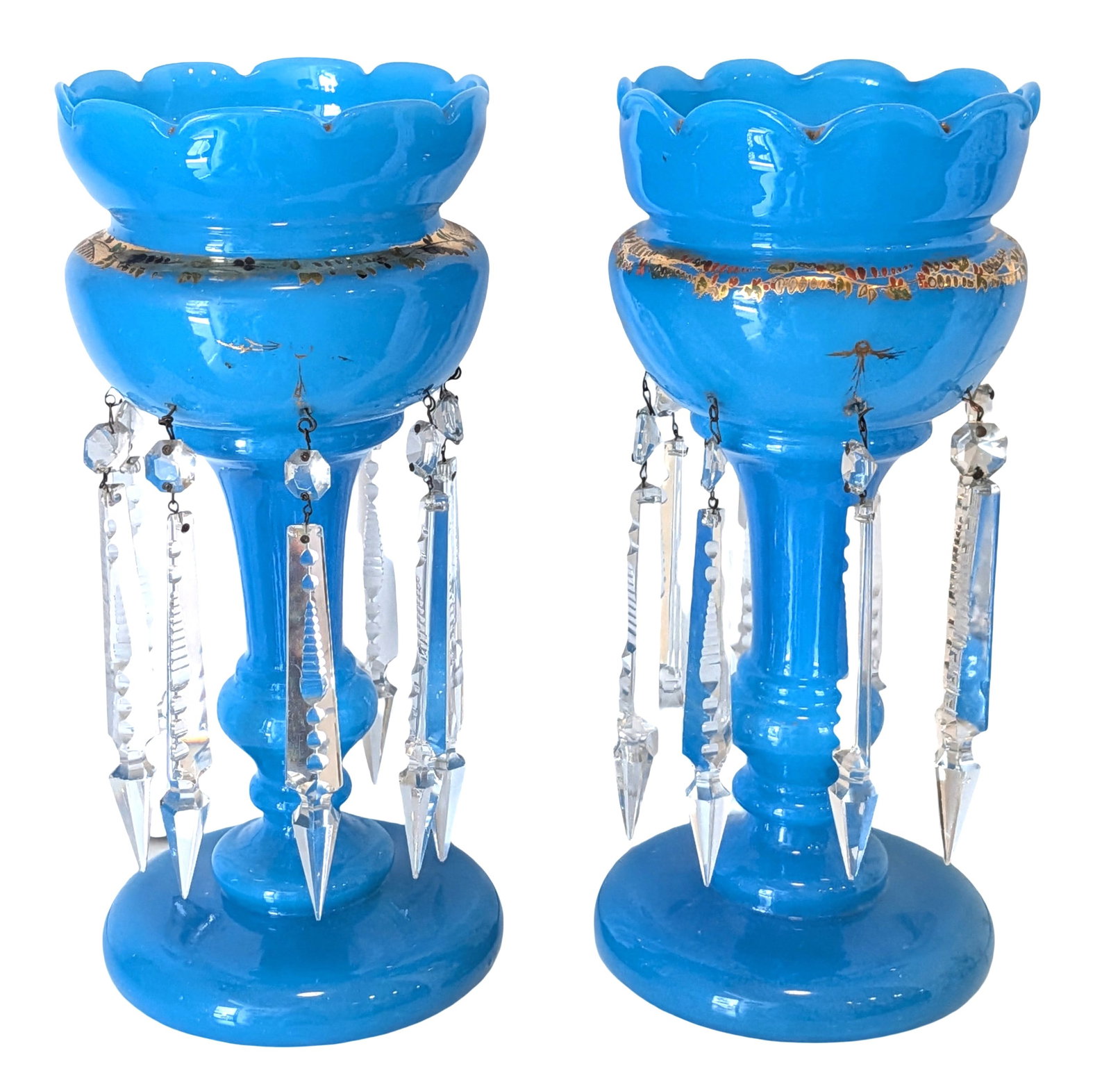 Pair of Victorian Blue Opaline Glass Lustre Mantel Vases (1 of 3)
