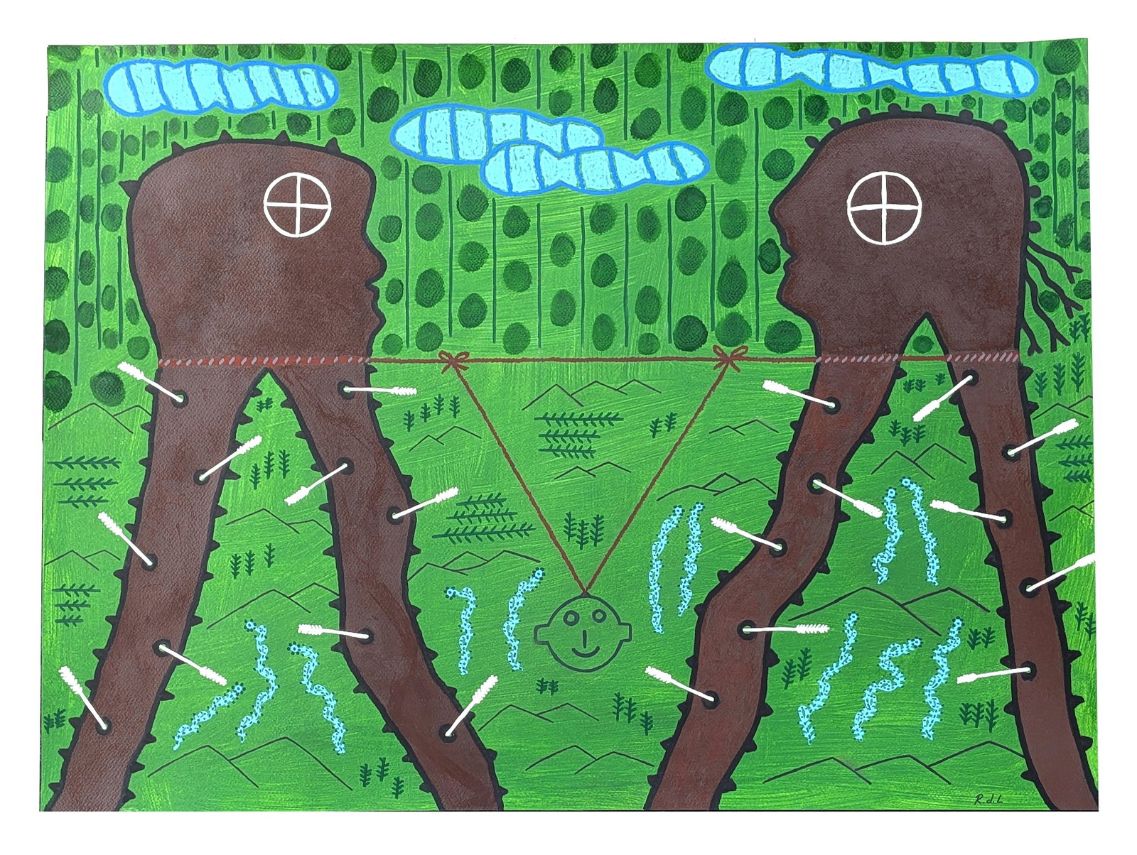 " Lenguaje Doloroso de los Arboles " Acrylic on Paper by Rodrigo de la Luz - Cuban Painter: Vivid contemporary acrylic painting on paper titled Lenguaje Doloroso de los ?rboles (?Painful Language of the Trees?) by Rodrigo de la Luz. The composition presents two stylized anthropomorphic tree-