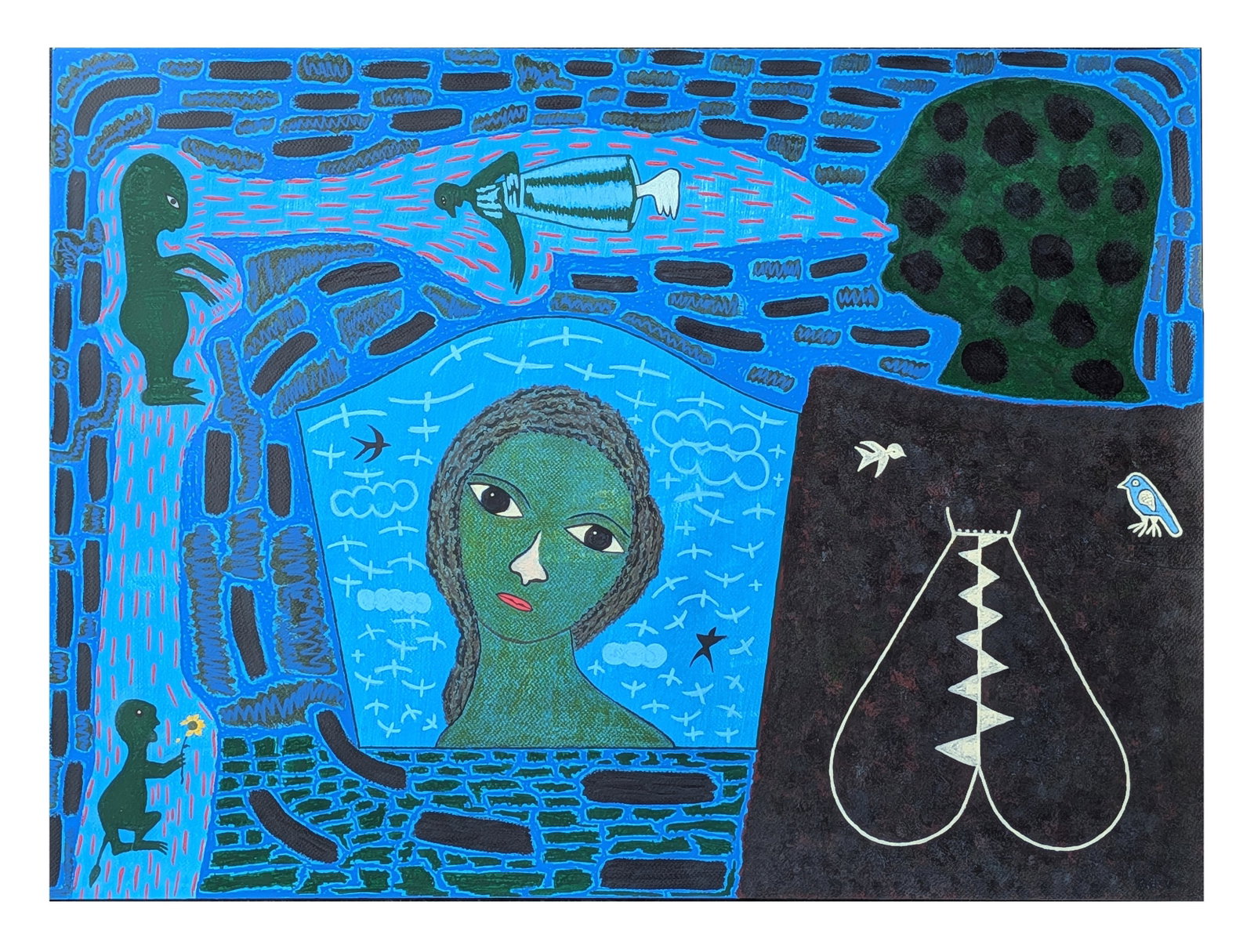 " Mensaje del Amazonia " Acrylic on Paper by Rodrigo de la Luz - Cuban Painter: Striking contemporary acrylic painting on paper titled Mensaje del Amazonia (?Message from the Amazon?) by Rodrigo de la Luz. The work features a surreal symbolic composition rendered in luminous blue