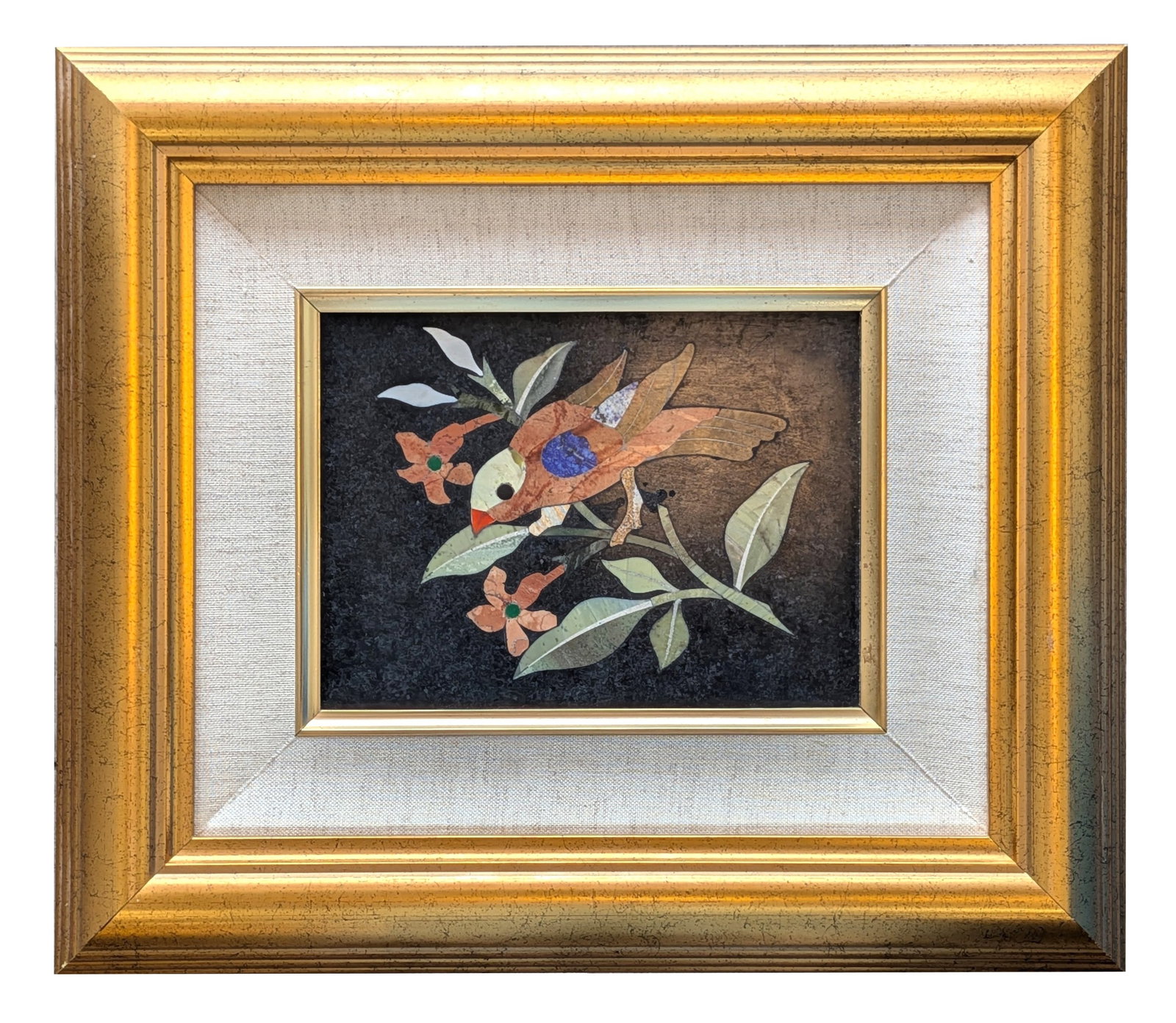 Framed Pietra Dura Stone Mosaic Plaque of Bird on Branch: Decorative pietra dura stone mosaic plaque depicting a stylized bird perched among flowering branches. The composition is created from carefully cut and fitted hardstone inlays in shades of black, gre