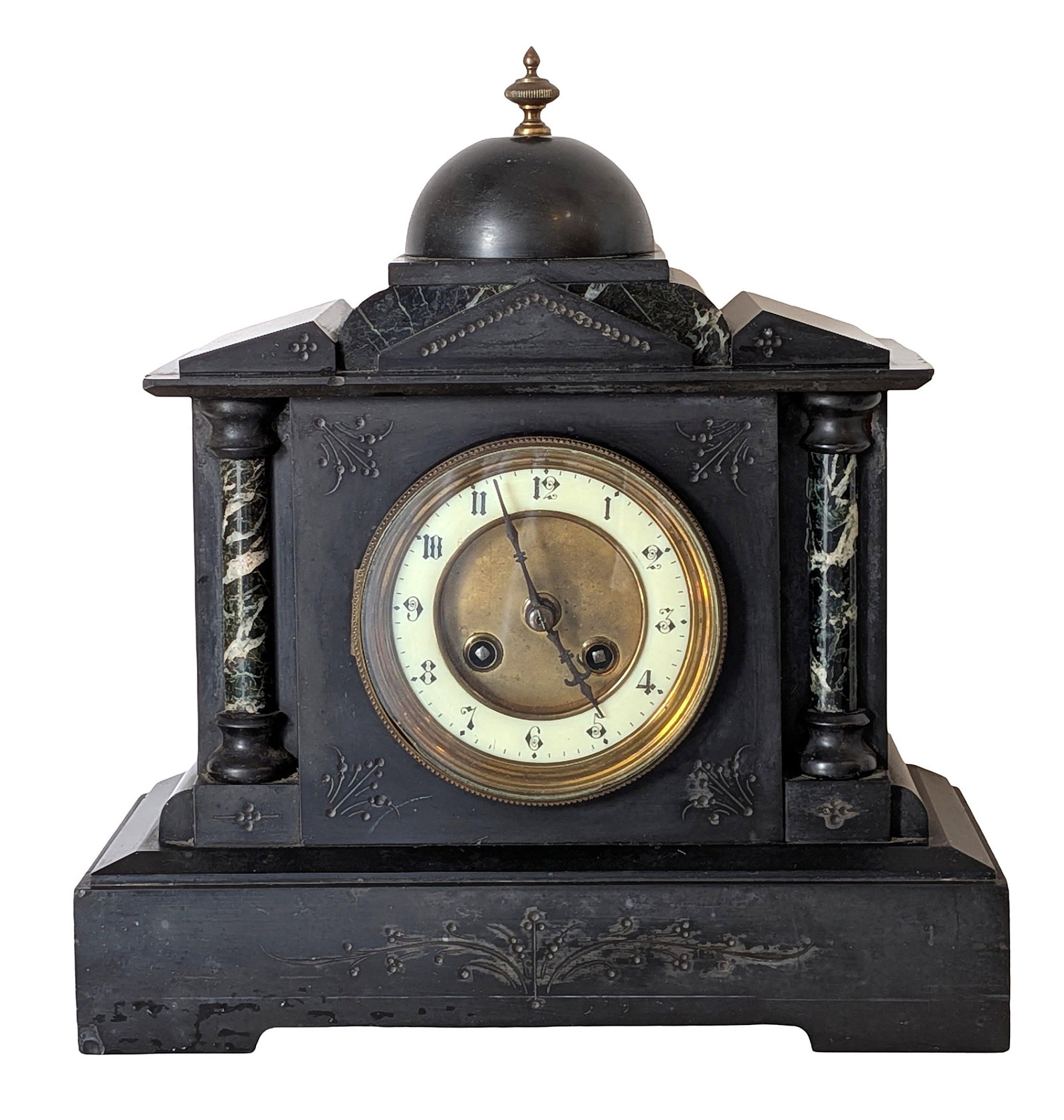 Antique French Slate Mantel Clock with Marble Columns ? Japy Fr?res Movement: Antique French mantel clock featuring a black slate case accented with green marble columns and decorative incised detailing. The architectural form is topped with a domed finial and flanked by column