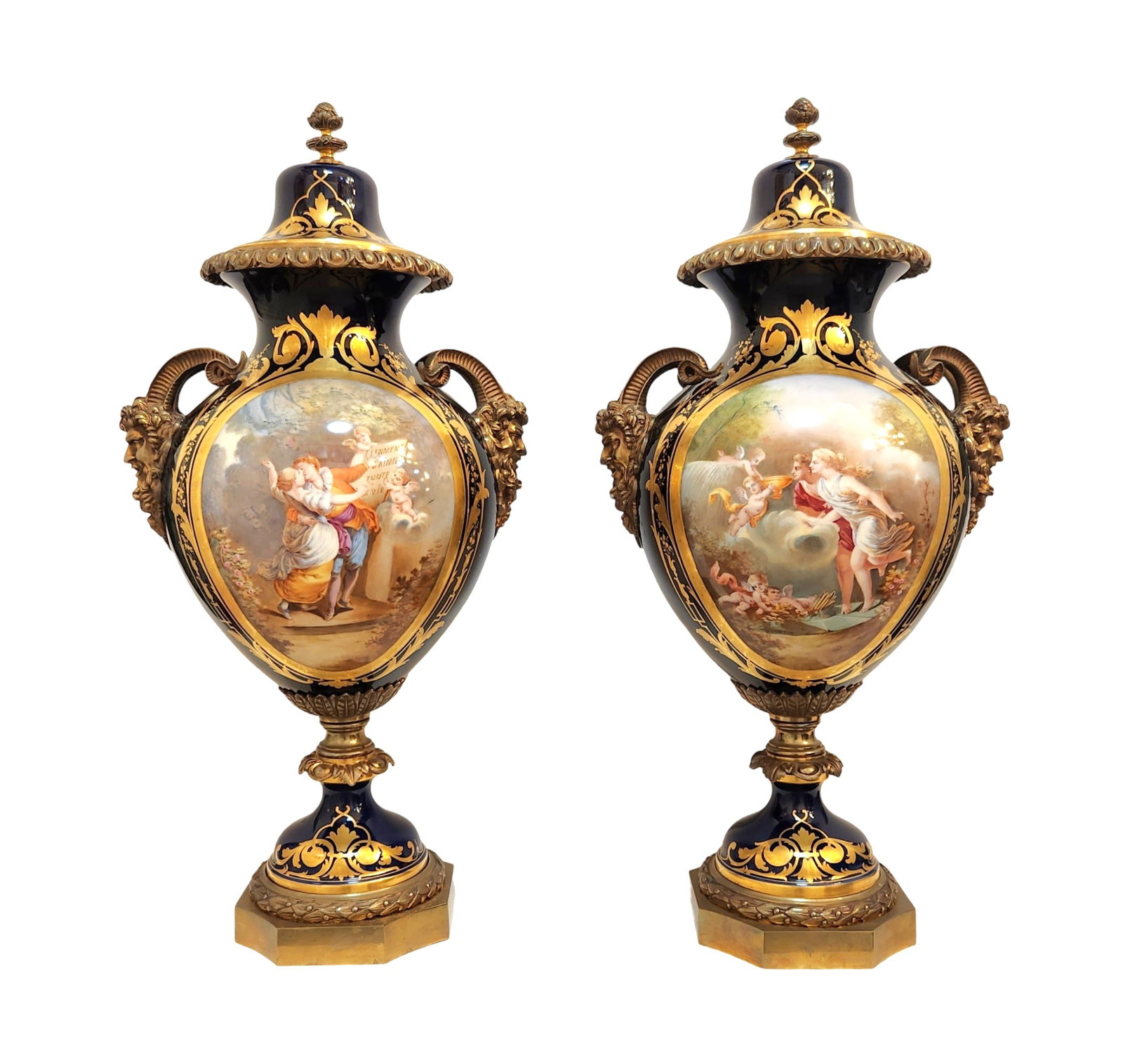 Pair of Antiques French Exceptionals Hand Painted Sevres Porcelain Vases: Pair of Antiques French Exceptionals Hand Painted Sevres Porcelain Vases Having scenic panels of courting couple with cupids, and having bronze mounts Measure 26 1/2"in H x 13"in W Bottom Measure 7"in