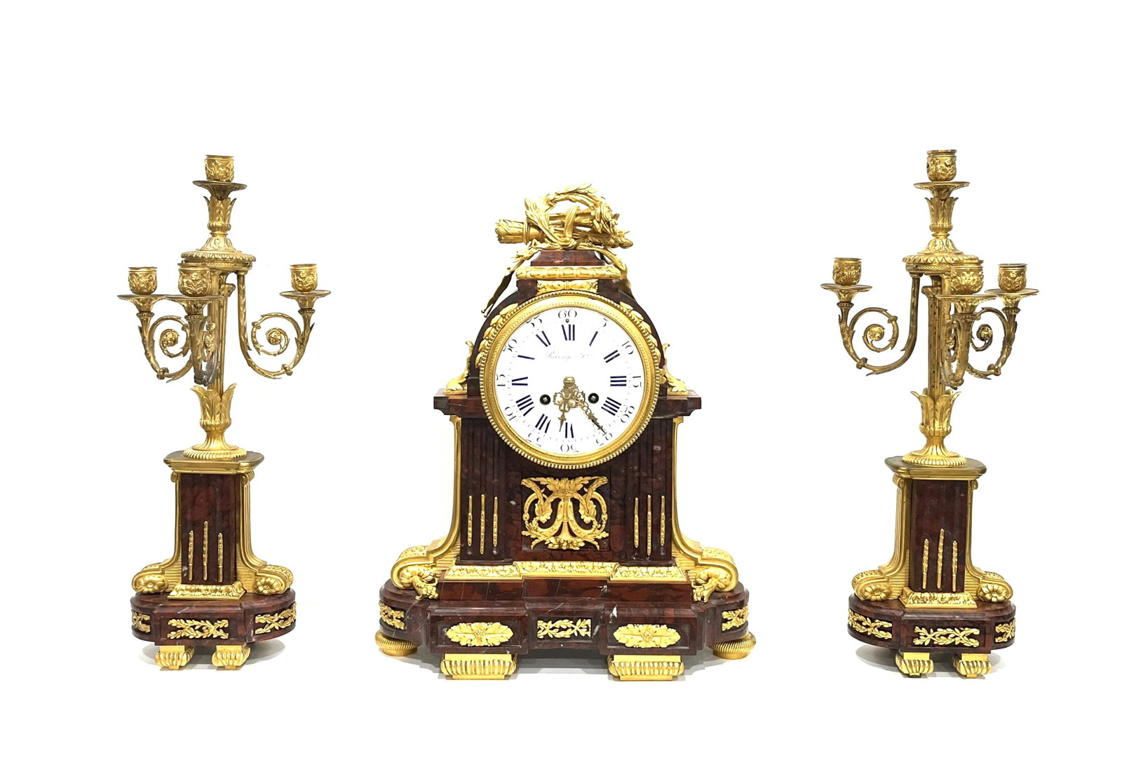 19th Century French Louis XVI Style Garniture Gilt Bronze Clock Set (1 of 18)