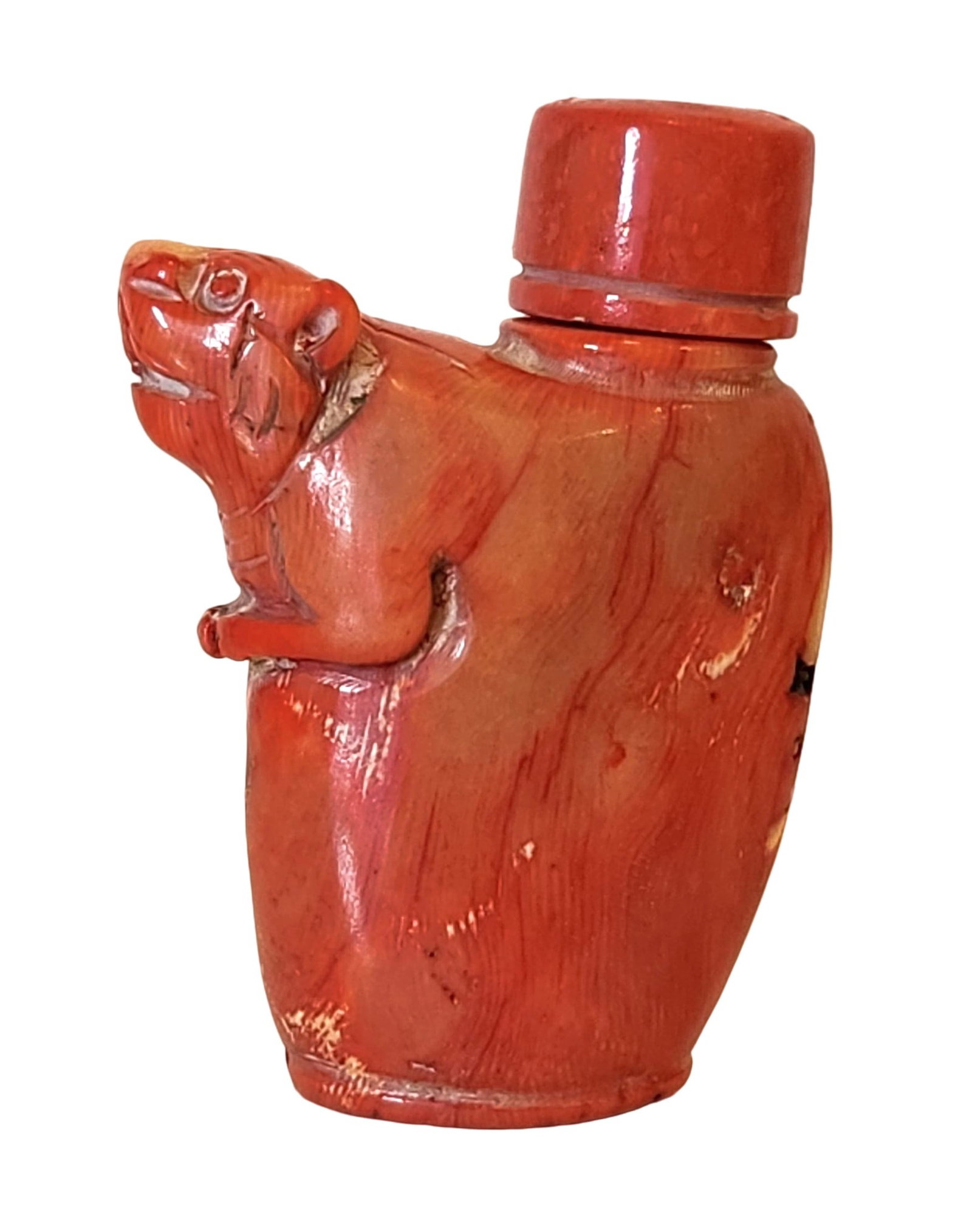 Antique Carved Red Coral Snuff Bottle with Animal Figure, Mid-20th Century (1 of 5)