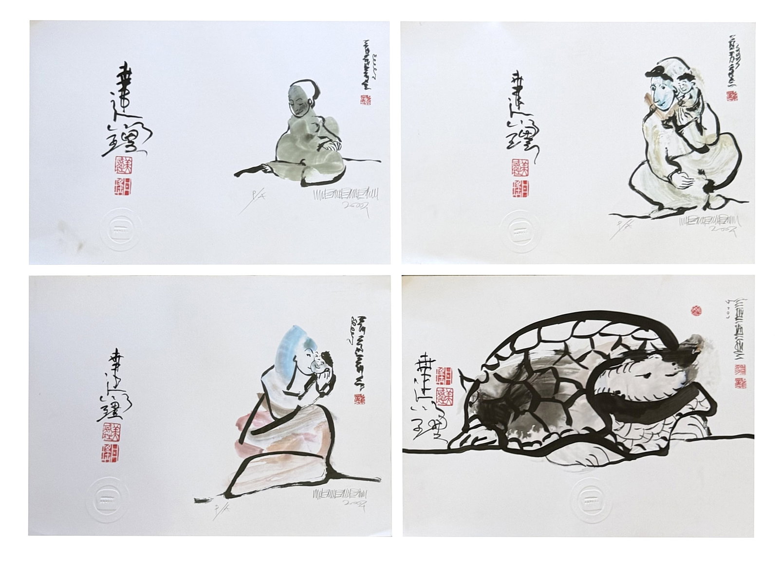 Contemporary Ink & Wash Figural and Animal Prints, Signed & Dated 2004 - Set of 4: A charming and expressive lot of four contemporary ink and wash prints executed in a modern, East Asian?inspired style, each featuring fluid brushwork and playful, minimalist compositions; subjects