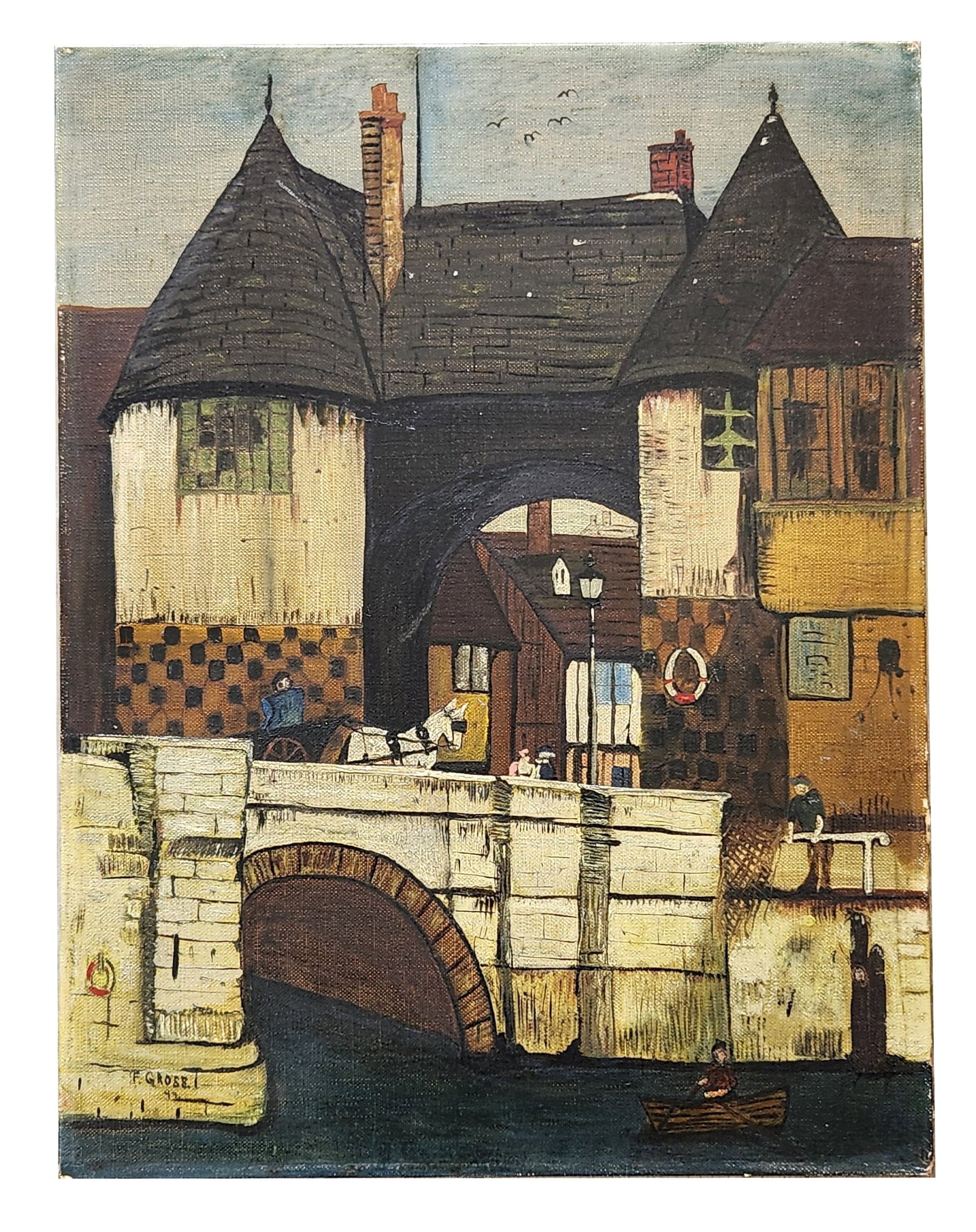 Frantisek Gross (1909 - 1985) Czech Republic: Frantisek Gross (1909 - 1985) Czech Republic Oil on CanvasBoard Measure 20"in H x 16"in W not framed Known for: Modernist and Surrealist images Biography: A famous Czech painter and graphic artist, me