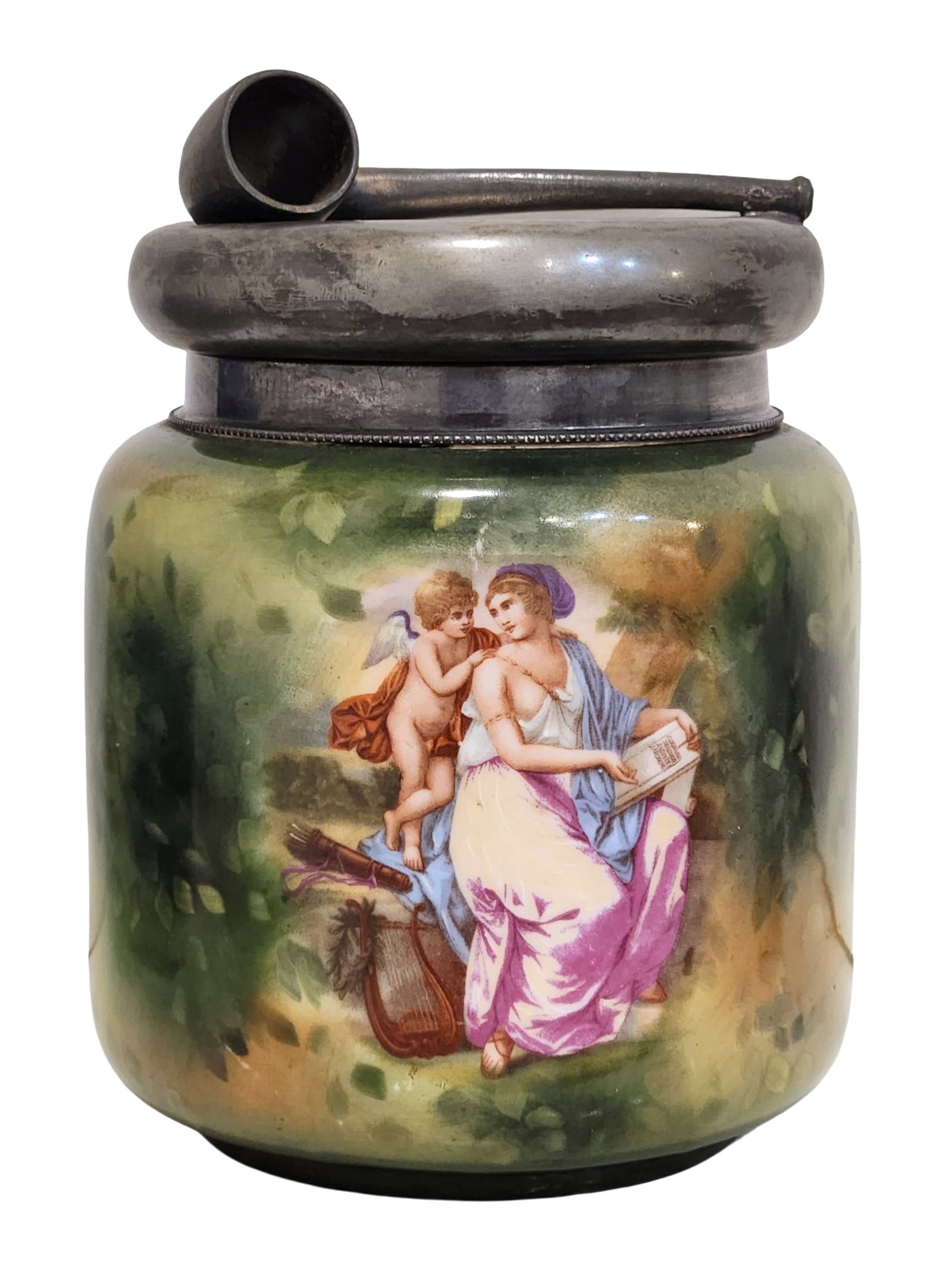 Antique Hand-Painted Porcelain Humidor with Cupid & Muse Scene, Pewter Lid & Pipe Rest: A beautifully crafted antique porcelain humidor featuring a vivid hand-painted neoclassical scene of a muse with Cupid, surrounded by lush greenery. The central artwork is finely detailed, showcasing 