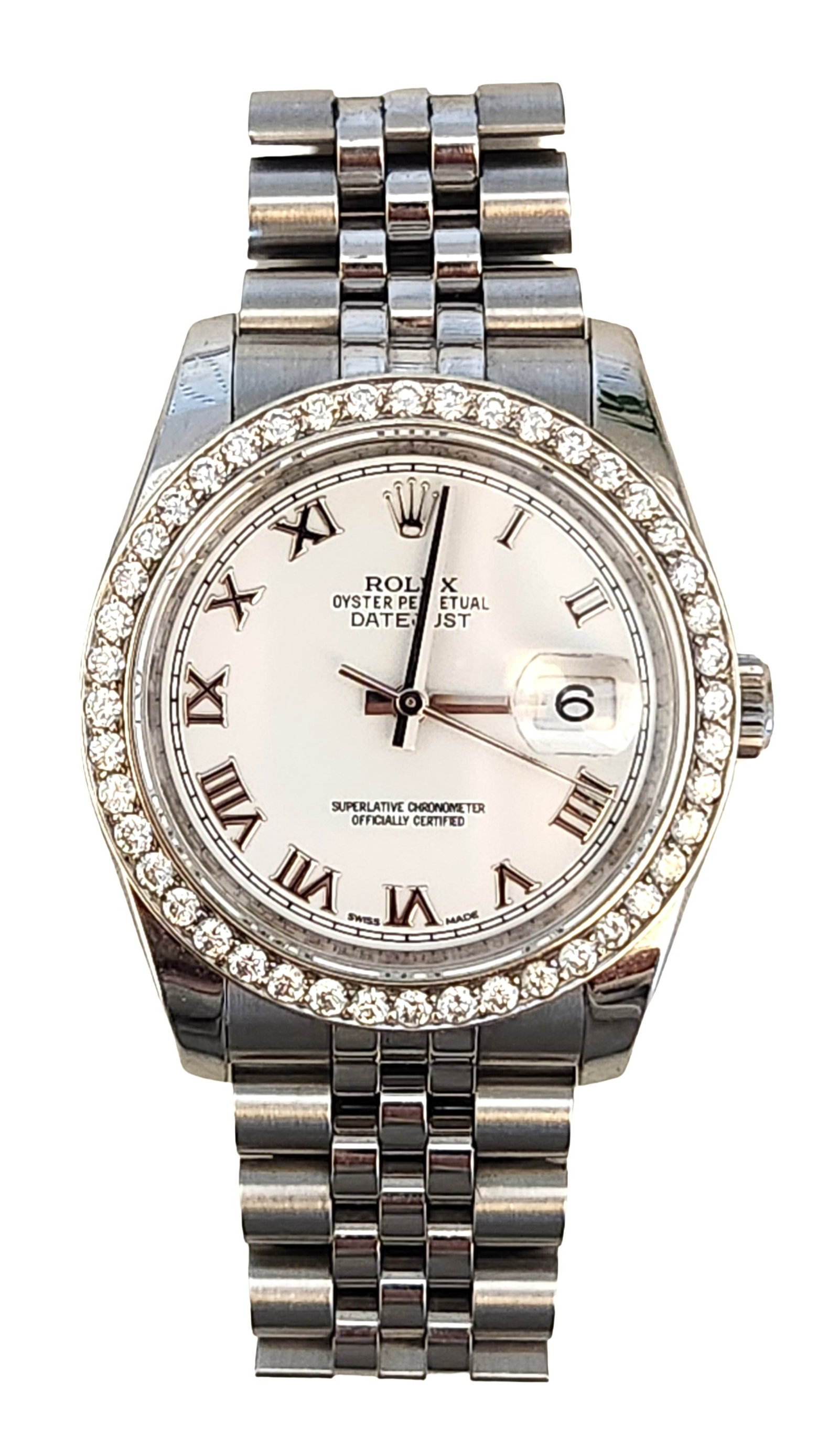 Rolex Datejust Oystersteel, 36 mm, White Gold and After Market Diamonds and Original Bezel: Rolex Datejust Oyster, 36 mm, Oystersteel, White Gold and After Market Diamonds and Original Bezel Model case: Oyster, 36 mm, Oystersteel, white gold original bezel and after market diamonds bezel