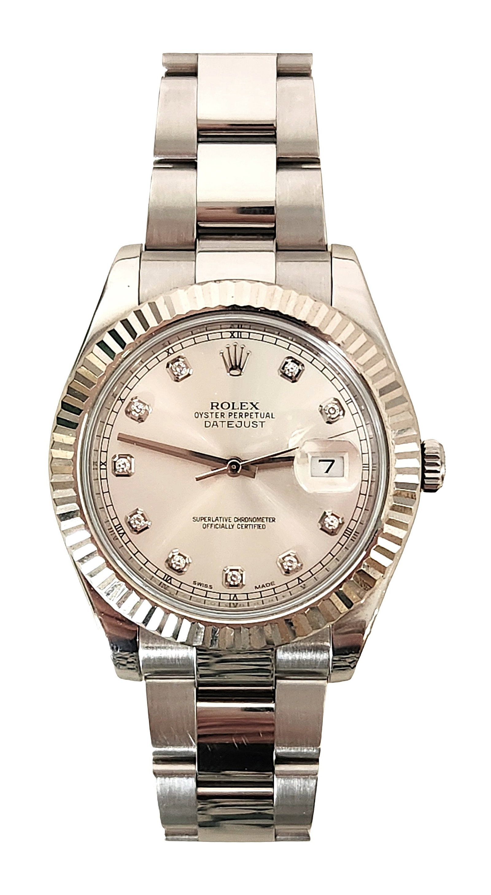 Rolex Datejust II 41 mm Silver Diamond Dial: Brand: Rolex Model: Datejust II Reference number: 116334 (Datejust No Numerals) Movement: Automatic Case material: White gold Bracelet material: Steel Gender: Men's watch/Unisex Caliber/movement: 3136