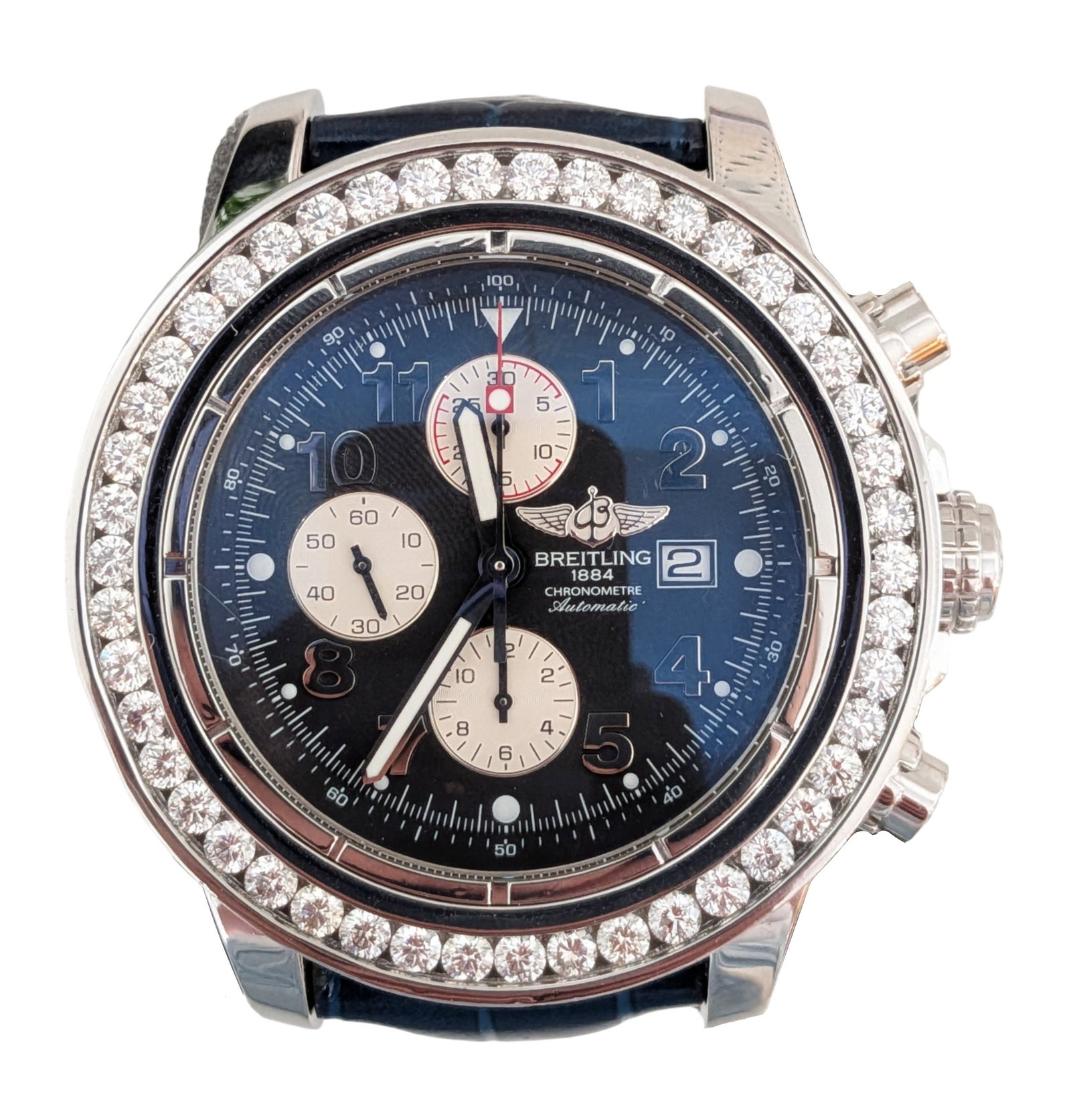 Breitling Super Avenger A13370 Automatic Chronograph Wristwatch, Custom Diamond Bezel, Lugs & Case,: Breitling Super Avenger reference A13370 automatic chronograph wristwatch featuring a stainless steel 48mm case with aftermarket custom diamond-set bezel, lugs, and case accents. Black dial with lumin