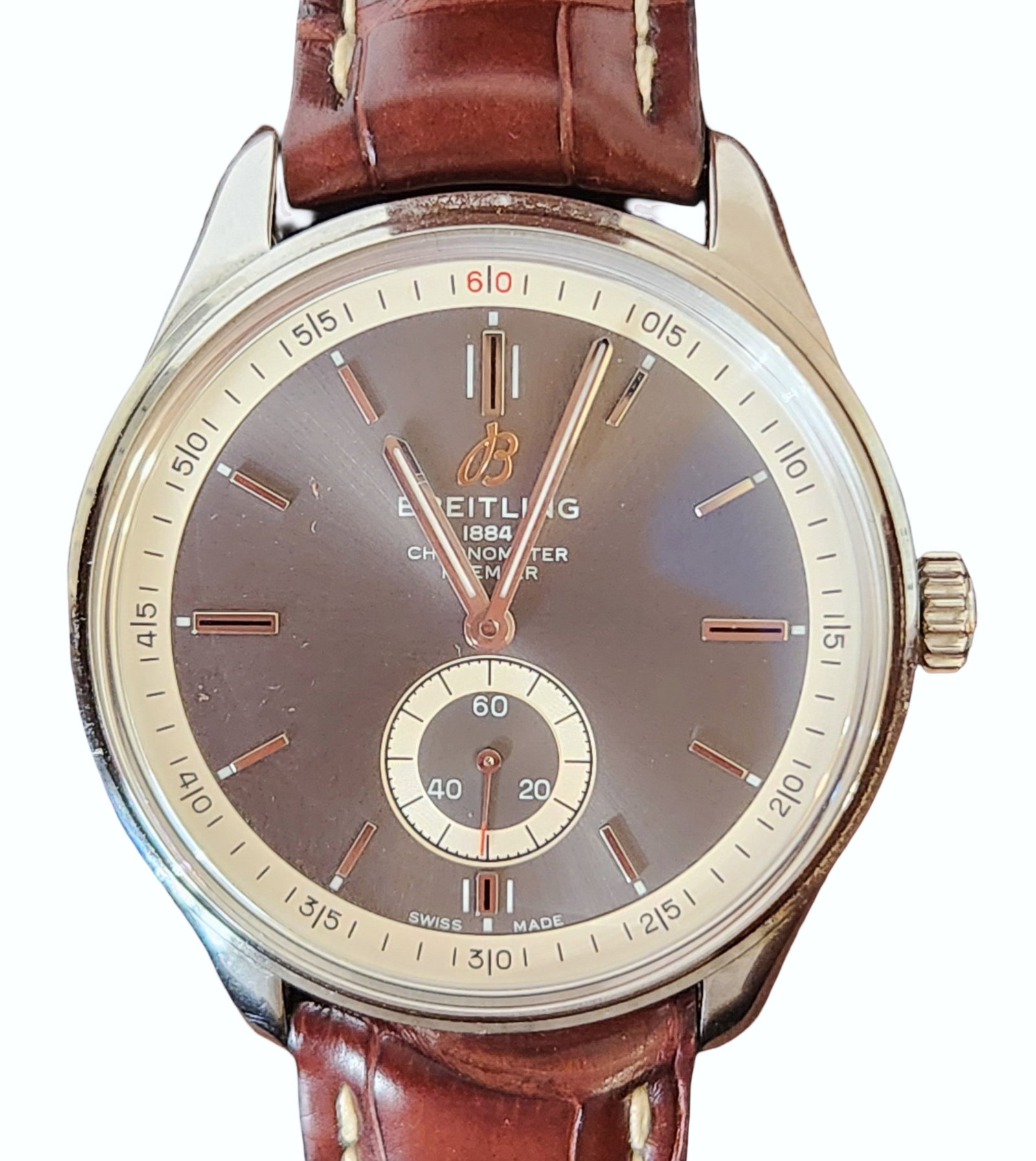 Breitling Premier 40 Automatic Chronometer Wristwatch Ref. A37340 with Box: Elegant Breitling Premier 40 Automatic Chronometer wristwatch, reference A37340, featuring a refined brown dial with applied rose-tone hour markers and hands. The dial displays the Breitling ?B? logo,