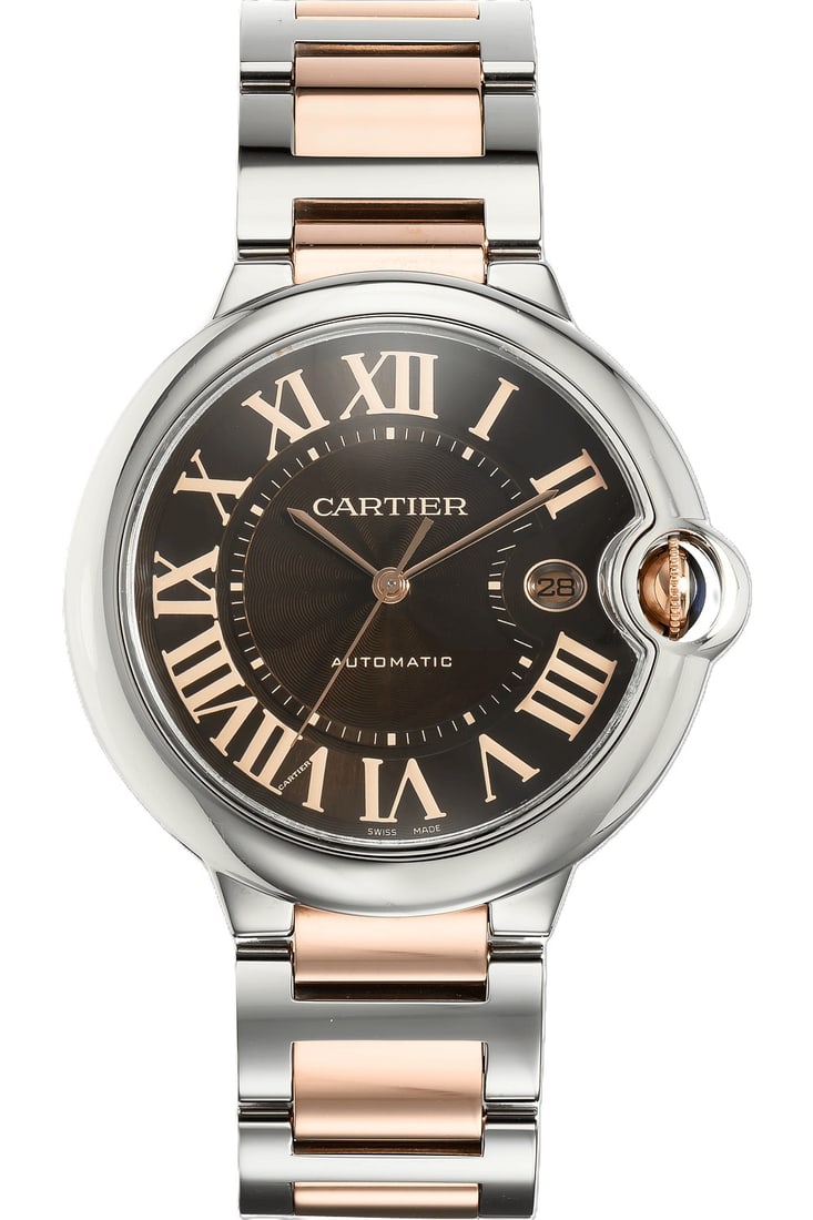 41 mm Cartier Ballon Bleu Automatic Two-Tone Wristwatch with Box: 41 mm Cartier Ballon Bleu automatic wristwatch featuring a stainless steel and 18K rose gold two-tone bracelet and case. The watch displays a dark dial with large applied Roman numeral hour markers, c