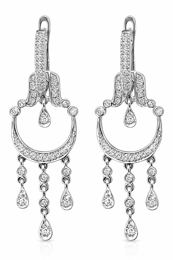 14K White Gold Diamond Chandelier Drop Earrings: Elegant 14K white gold diamond chandelier drop earrings featuring a graceful openwork design set with numerous round brilliant cut diamonds. Each earring is composed of a diamond-set hoop top leading 
