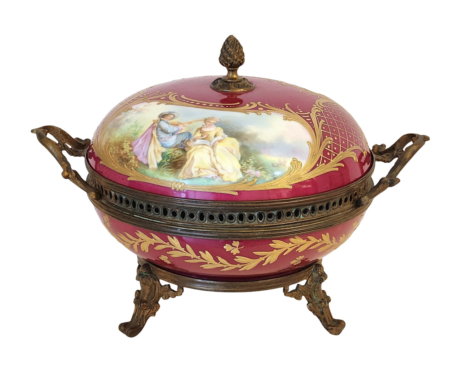 Sevres Hand-Painted Porcelain Box with Gilt Bronze Mounts, Chateau de Longpre Mark: Charming Sevres hand-painted porcelain lidded box, richly decorated with a romantic courting scene on the cover, framed by intricate raised gilt accents over a deep ruby red ground. The body is furthe