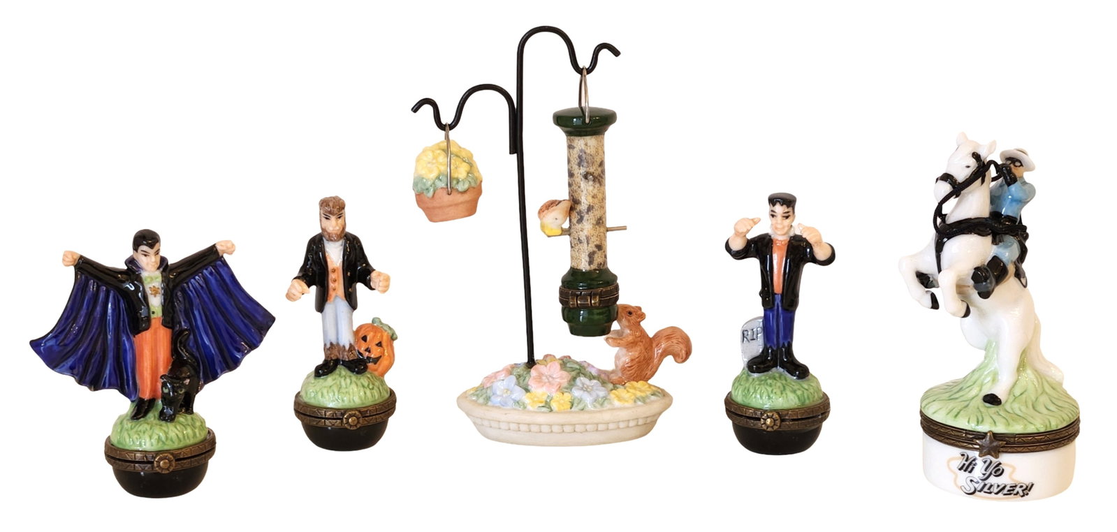 PHB Collection Porcelain Trinket Box & Miniature Figurine Lot ? Halloween, Lone Ranger & Bird: Eclectic PHB Collection lot of hand-painted porcelain hinged trinket boxes and decorative miniatures. Includes Halloween-themed figures (Dracula with bat and black cat, and a pumpkin figure), a Franke