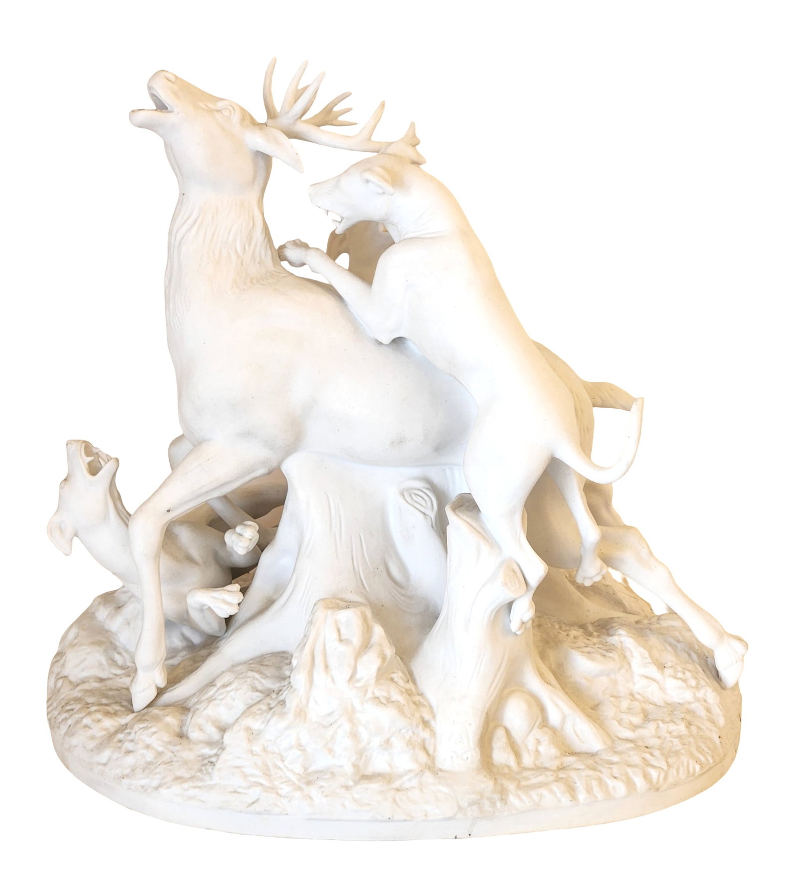 Sevres Bisque Porcelain Group ?Stag Attacked by Hounds " , 19th Century: Large French bisque porcelain sculpture depicting a dramatic hunting scene of a stag under attack by three hounds, finely modeled with lifelike movement and anatomical detail. The piece bears the
