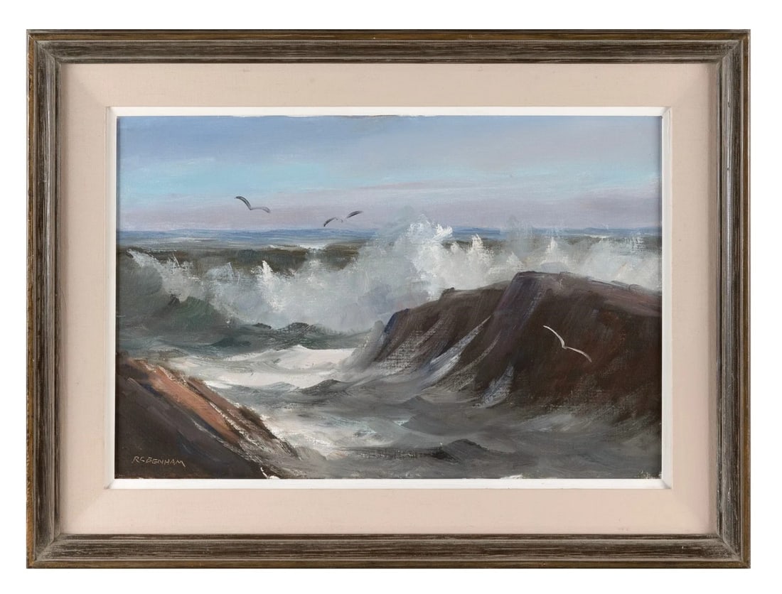 Robert C. Benham (1908 - 2002) American: Robert C. Benham (1908 - 2002) American Oil on Canvas Measure 16"in H x 24"in W and 23 1/2"in H x 31 1/2"in W with frame Known for: New England landscape painter, coastals, marine Biography: Robert Be