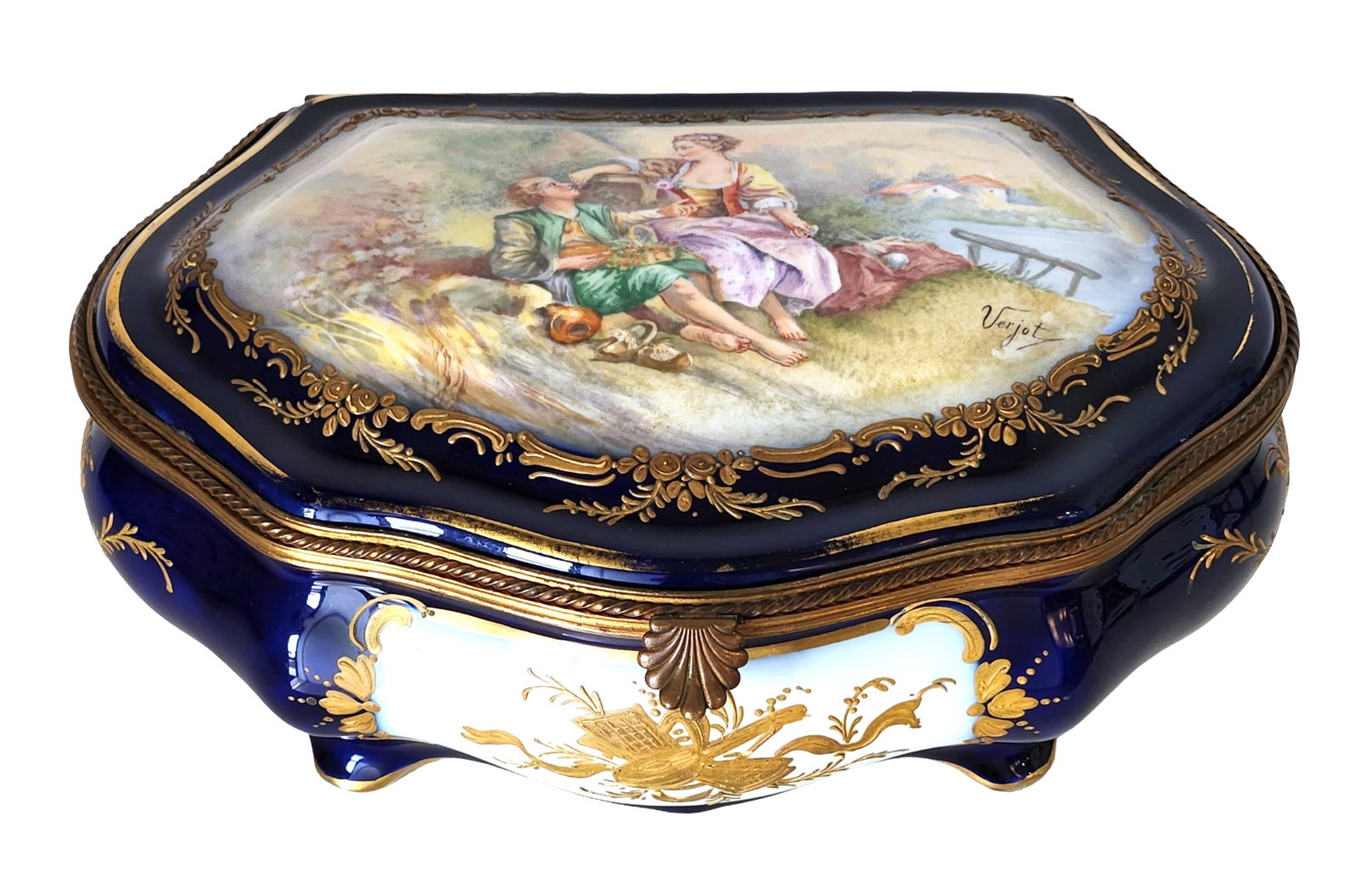 19th Century French Sevres Porcelain Box with Romantic Scene, Signed Verjot: Elegant 19th century French porcelain box, richly decorated with cobalt blue ground and gilt floral ornamentation. The lid is painted with a romantic courting scene, signed Verjot. Interior with gilt 