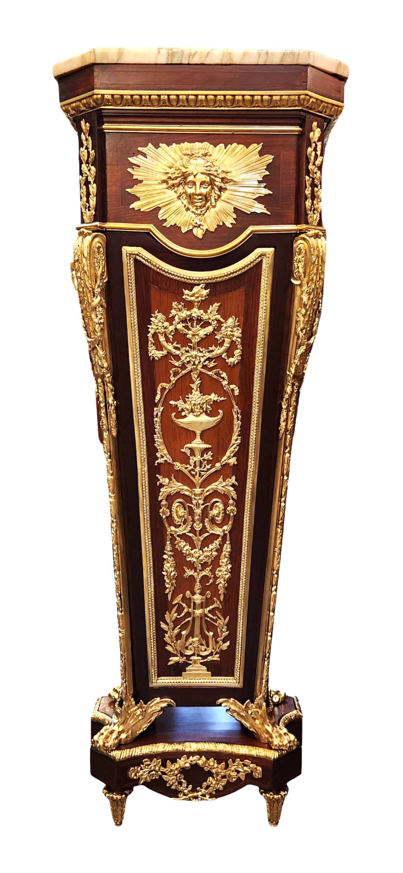 French Louis XVI Style Marble and Ormolu Mounted Pedestal with Marquetry After Jean-Henri Riesener (1 of 13)