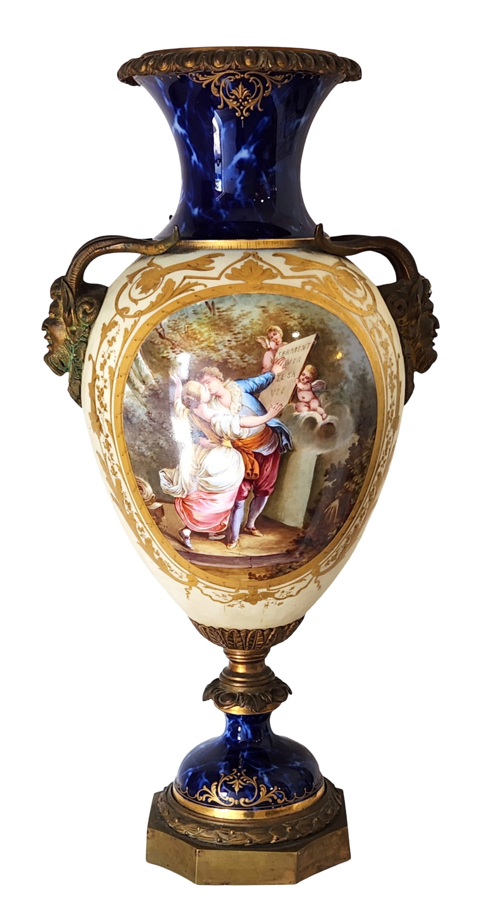 Antique French Sevres Style Porcelain and Ormolu Vase ? Romantic Scene & Cobalt Accents: Elegant antique French Sevres-style porcelain vase, richly decorated with a romantic hand-painted scene featuring a courting couple and cherubs. The detailed figural vignette is surrounded by ornate g