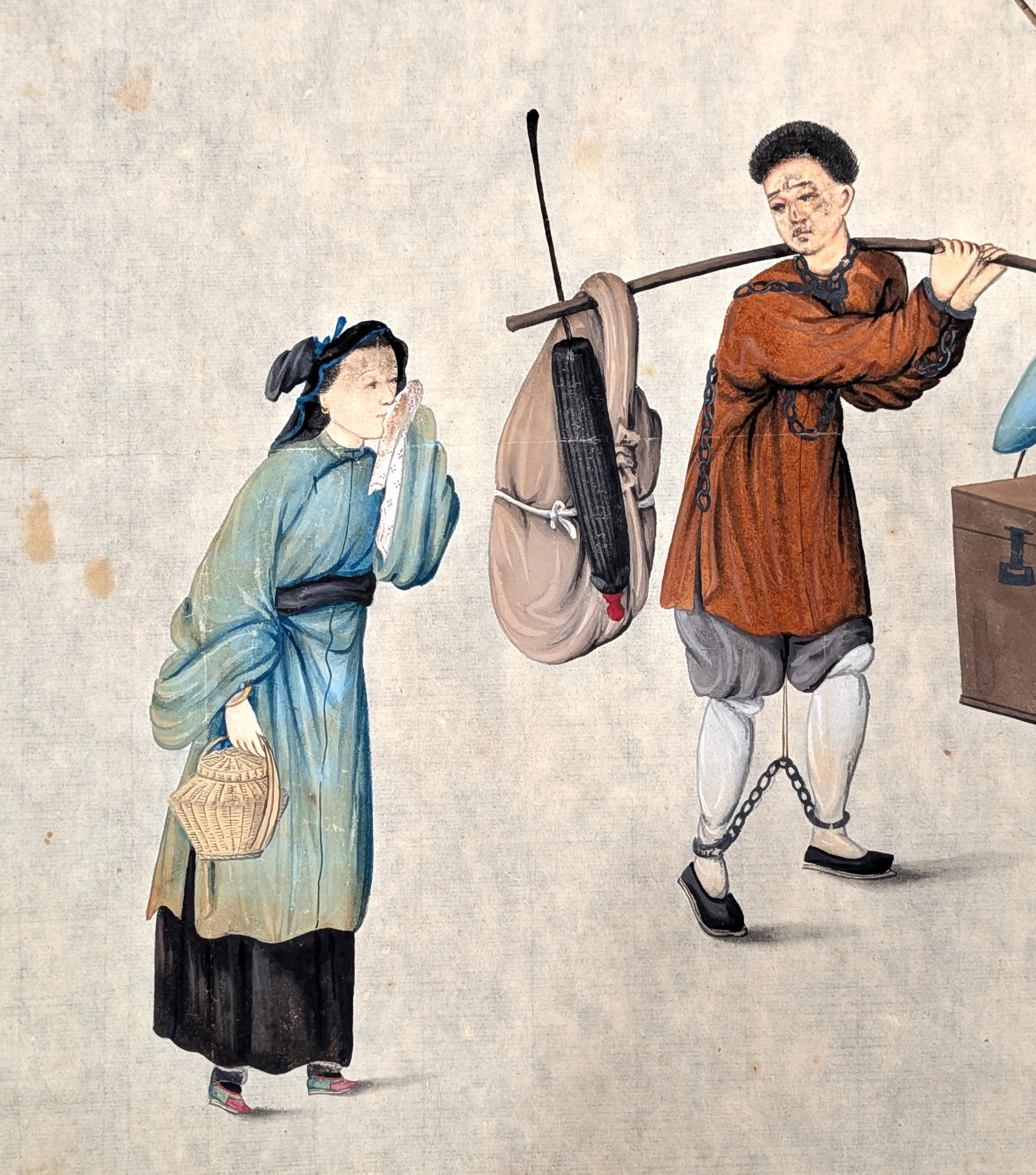 Chinese Export Watercolor on Rice Paper Depicting Traveling Figures, Probably 18th or 19th Century - 2