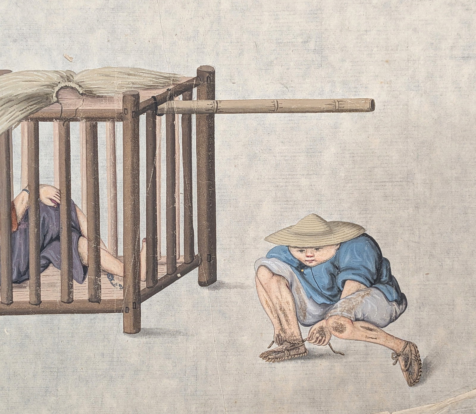 Chinese Export Watercolor on Rice Paper Depicting Prisoner Transport Scene, Probably 18th or 19th Ce - 3