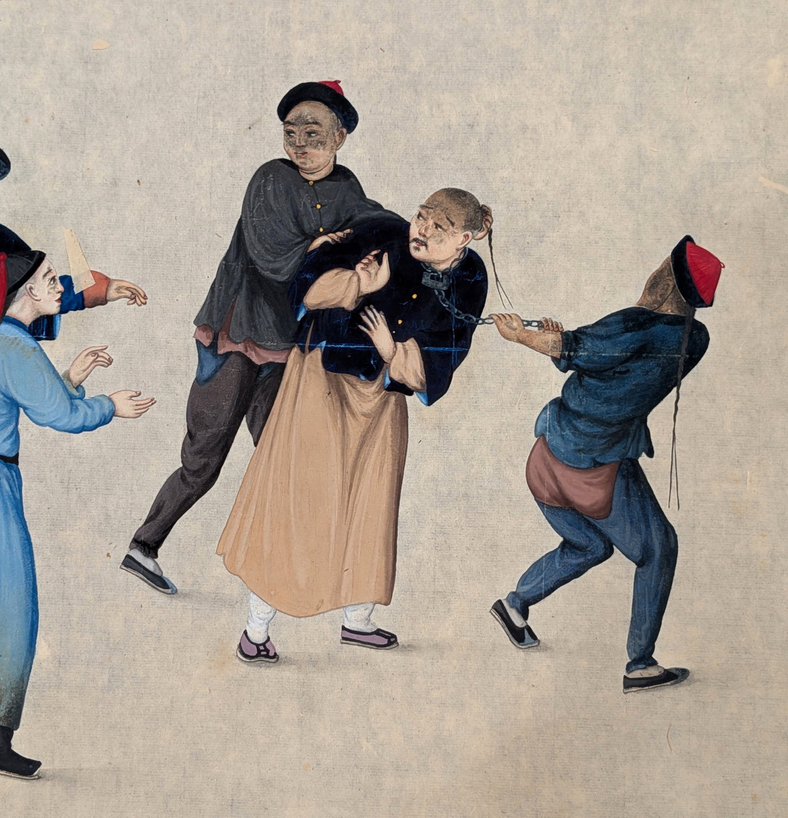 Chinese Export Watercolor on Rice Paper Depicting Arrest or Judicial Scene, Probably 18th or 19th Ce - 3