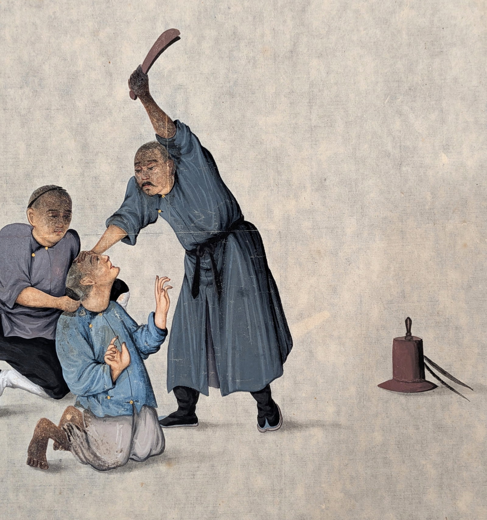 Chinese Export Watercolor on Rice Paper Depicting Judicial Punishment Scene, Probably 18th or 19th C - 3