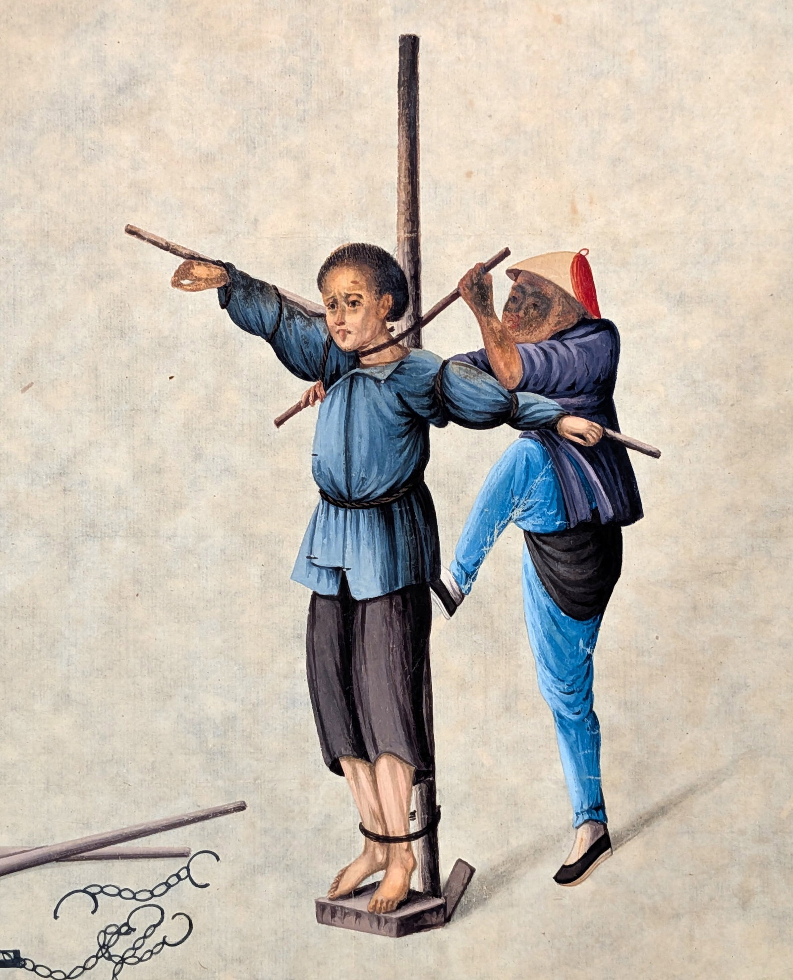 Chinese Export Watercolor on Rice Paper Depicting Judicial Punishment Scene, Qing Dynasty - 2