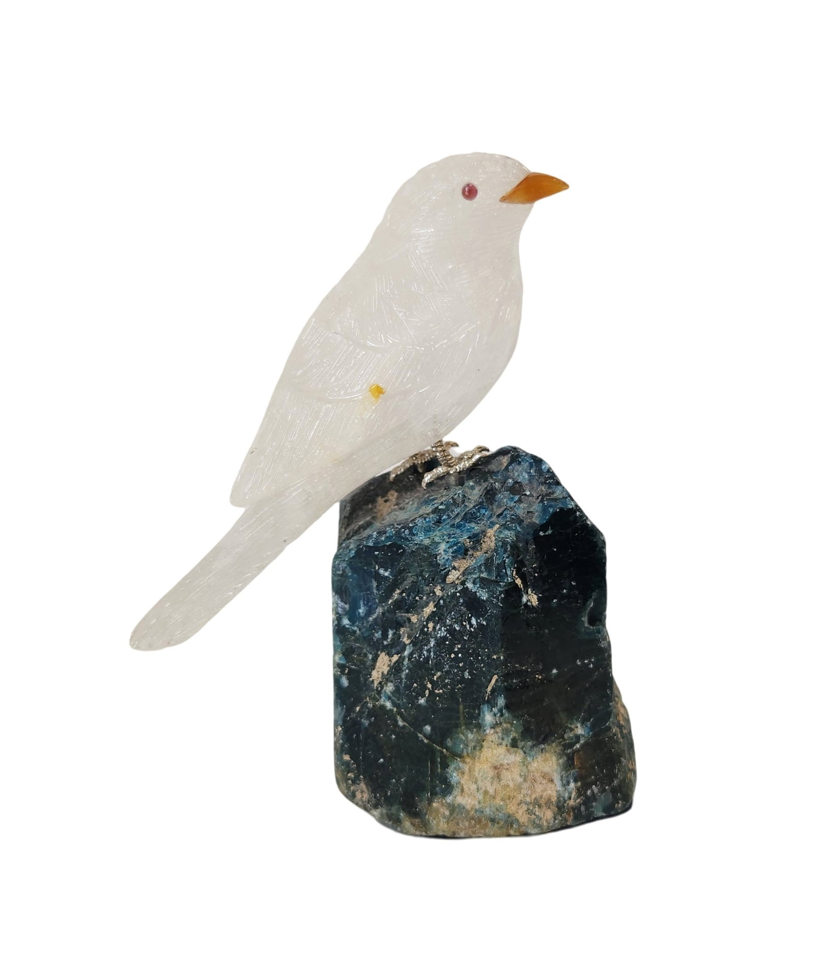 Carved White Stone Bird on Blue Mineral Specimen Base: Decorative hand-carved stone bird sculpture featuring a translucent white bird perched atop a natural blue mineral specimen base. The bird is finely detailed with incised featherwork, a warm amber-ton
