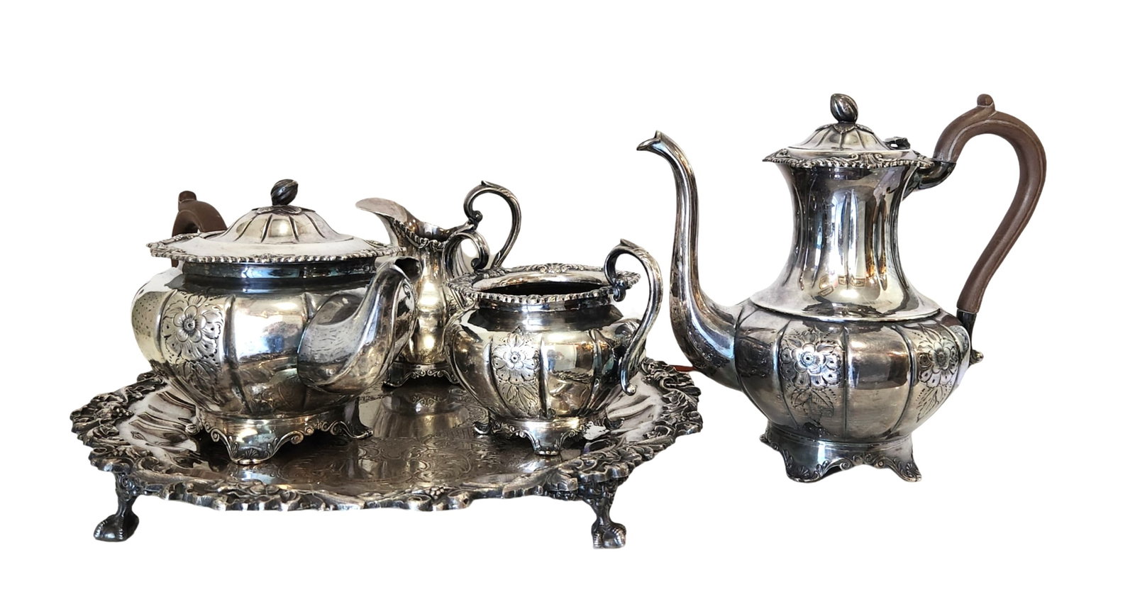 Four-Piece Hand Chased Sheffield Silverplate Tea & Coffee Service with Tray (1 of 7)