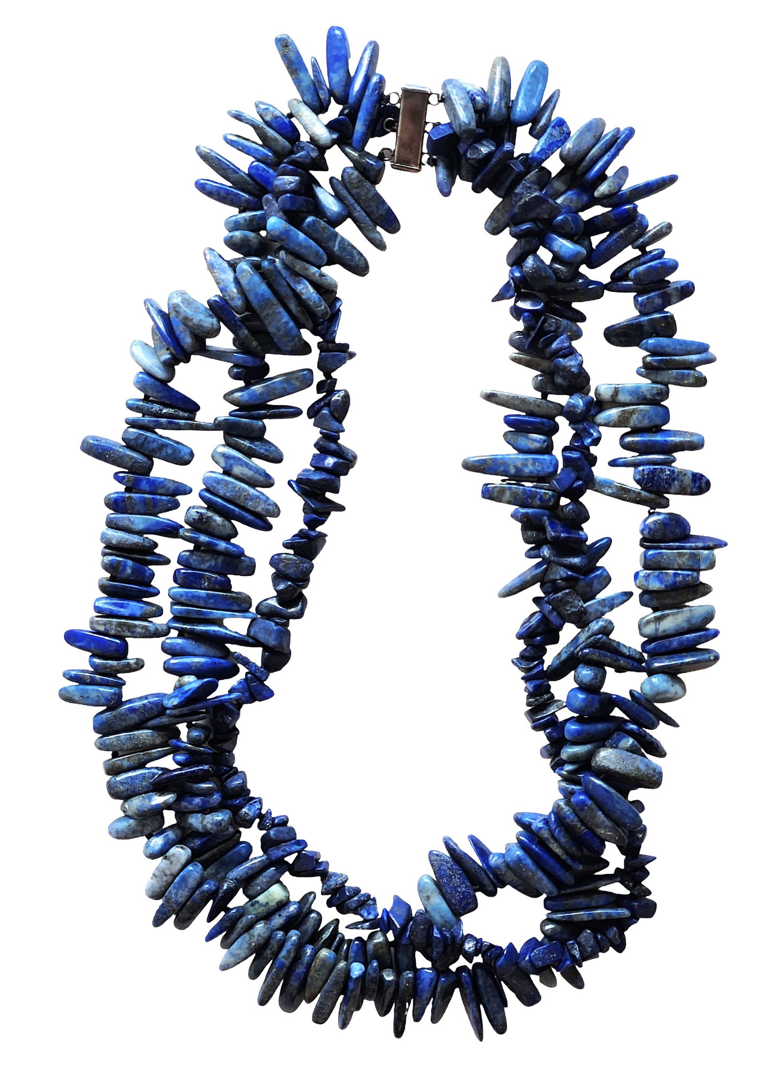 Multi-Strand Lapis Lazuli Nugget Bead Necklace with Sterling Silver Clasp: Bold multi-strand necklace composed of irregular lapis lazuli nugget beads arranged in a layered design. The necklace features numerous polished lapis stones displaying rich cobalt to deep blue tones 