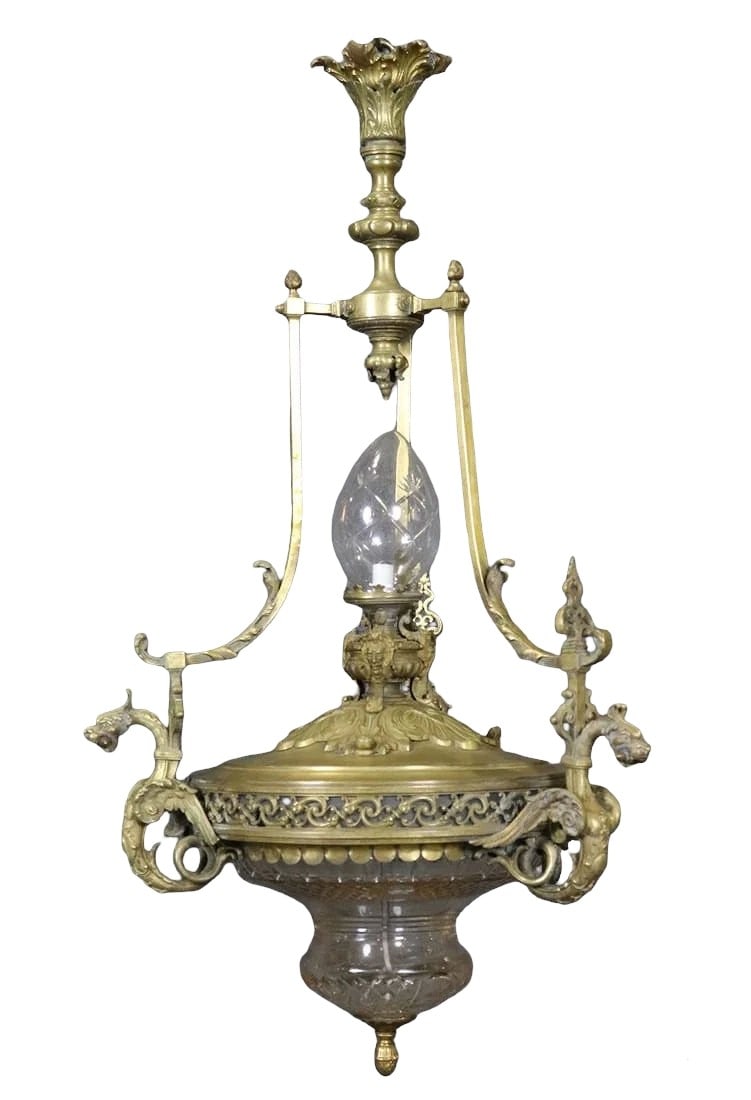 French Gilt Bronze and Cut Glass Hanging Lamp, Late 19th Century (Louis XVI / Neoclassical Style): Striking French hanging oil lamp (later electrified) in gilt bronze, executed in a refined Louis XVI / neoclassical taste. The fixture features an elegantly cast framework with scrolling acanthus arms