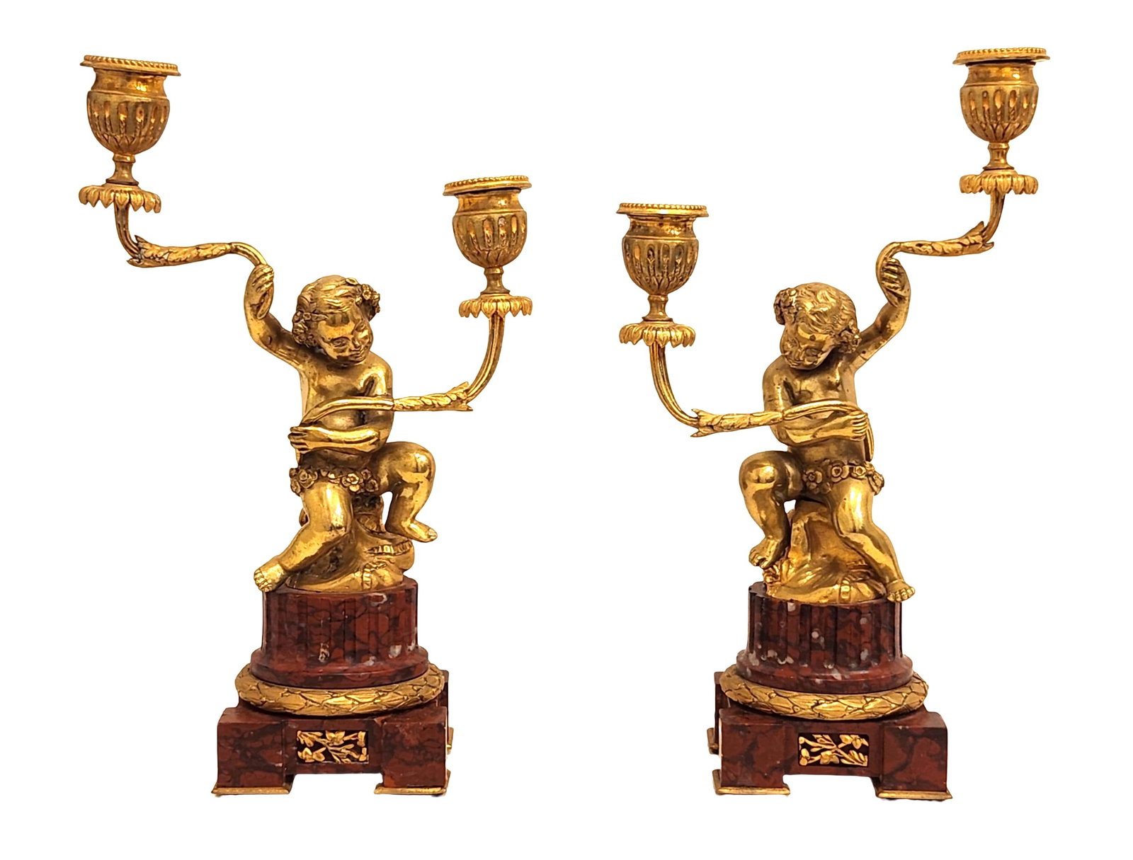 Pair of 19th Century Gilt Bronze Candelabra, After Claude Michel Clodion: Elegant pair of 19th century French gilt bronze two-light candelabra, crafted after the style of Claude Michel Clodion (1738?1814), renowned for his Rococo sculptures. Each candelabrum features a fine