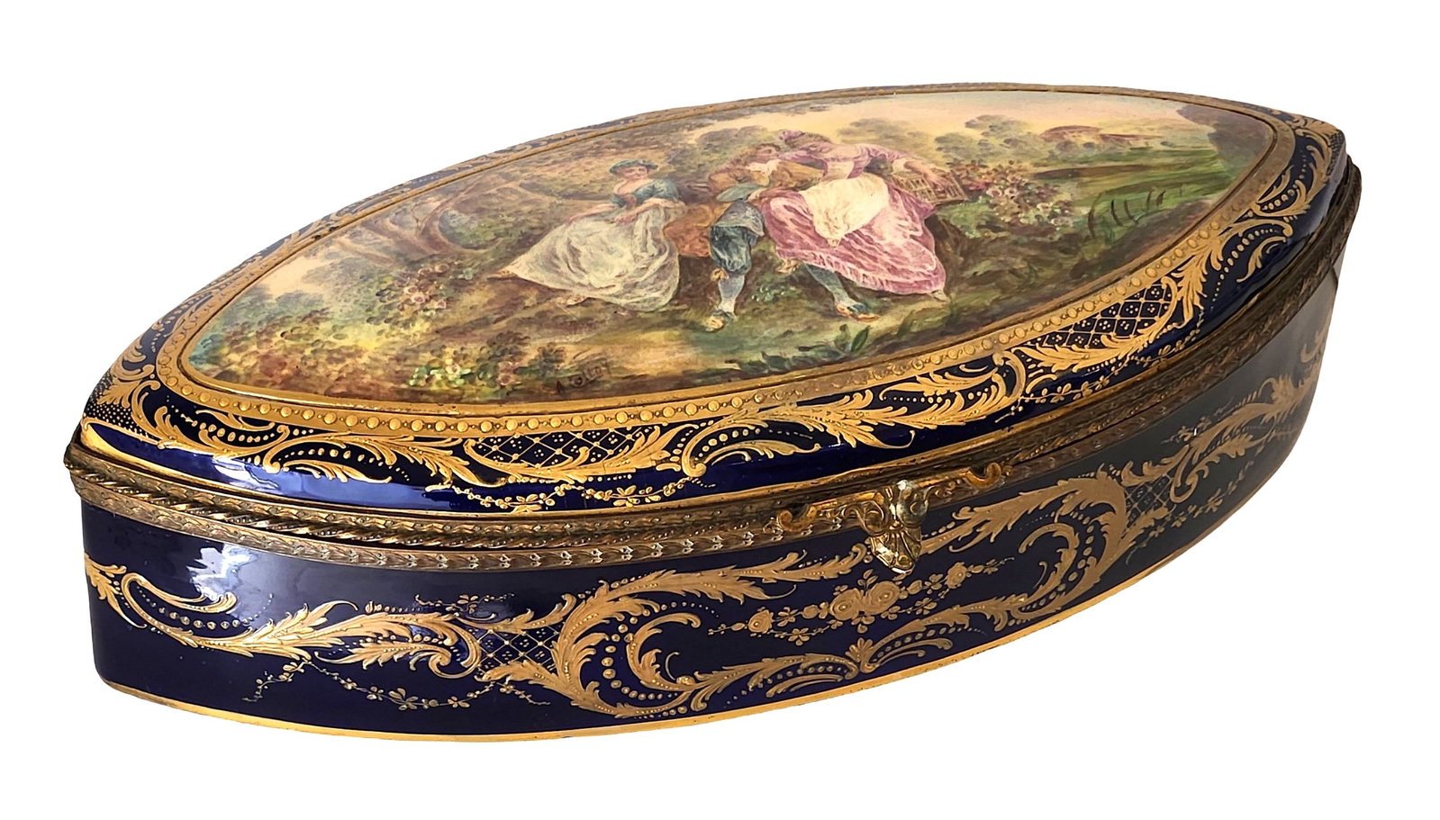 French 19th Century Sevres Porcelain Box: An antique French Sevres hinged and bronze mounted porcelain dresser box. A lid is adorned with a hand painted courting scene with a couple and a lady in a garden. The borders and the body of the ware