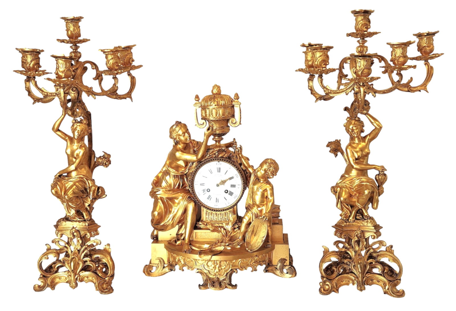 French Louis XV Style Gilt Bronze Figural Mantel Clock Garniture, Jean-Francois Deniere, 19th (1 of 13)