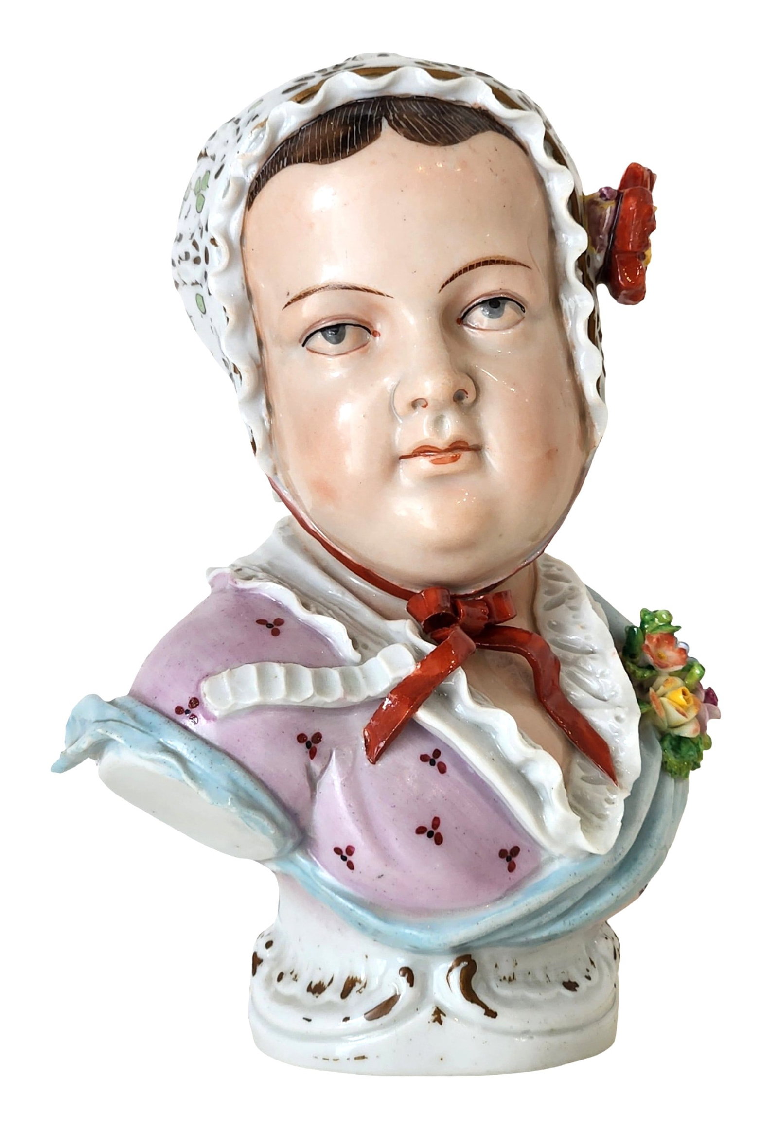 Sitzendorf Porcelain Bust of Child with Bonnet, Hand-Painted: Charming antique porcelain bust depicting a young child wearing a bonnet, finely modeled and hand-painted in soft pastel tones. The figure features delicate facial detailing, a lace-style bonnet adorn