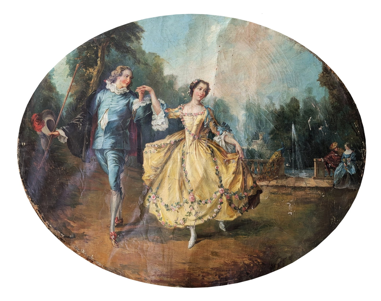18th Century Rococo Style Garden Scene Painting on Oval Canvas: Charming 18th-century Rococo-style painting depicting an elegant couple in a pastoral garden setting. The composition features a finely dressed gentleman in a blue suit leading a lady in a flowing yel